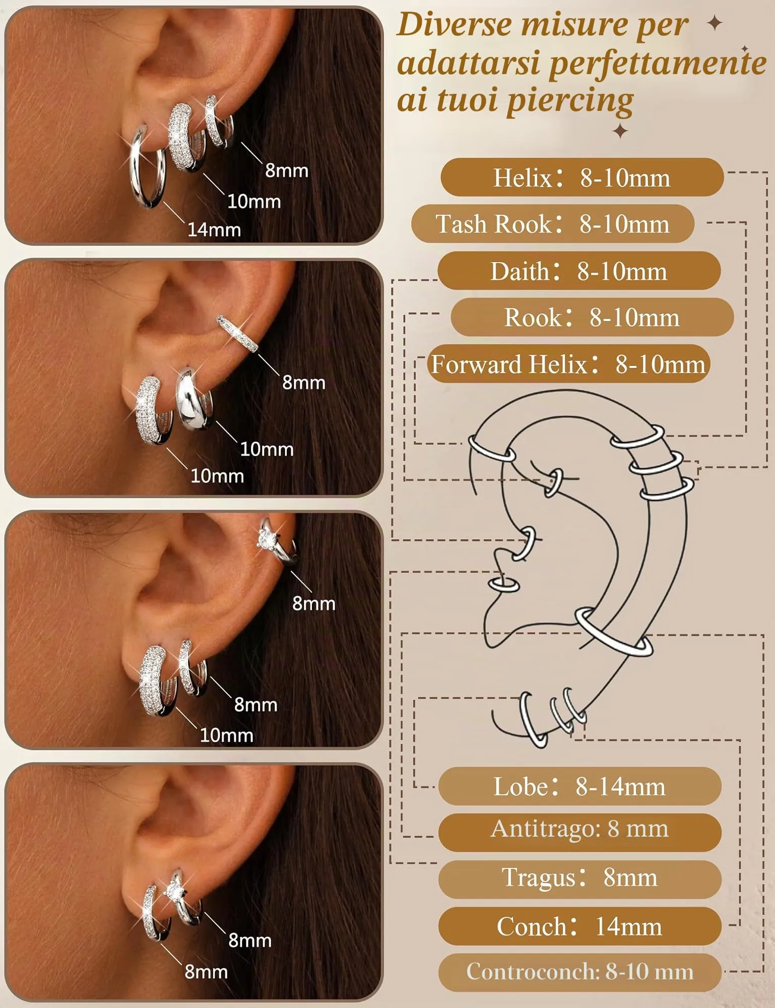Finrezio Set 5 Paia Orecchini a Cerchio Argento per Donna, 8 mm, 10 mm, 14 mm - immagine 3