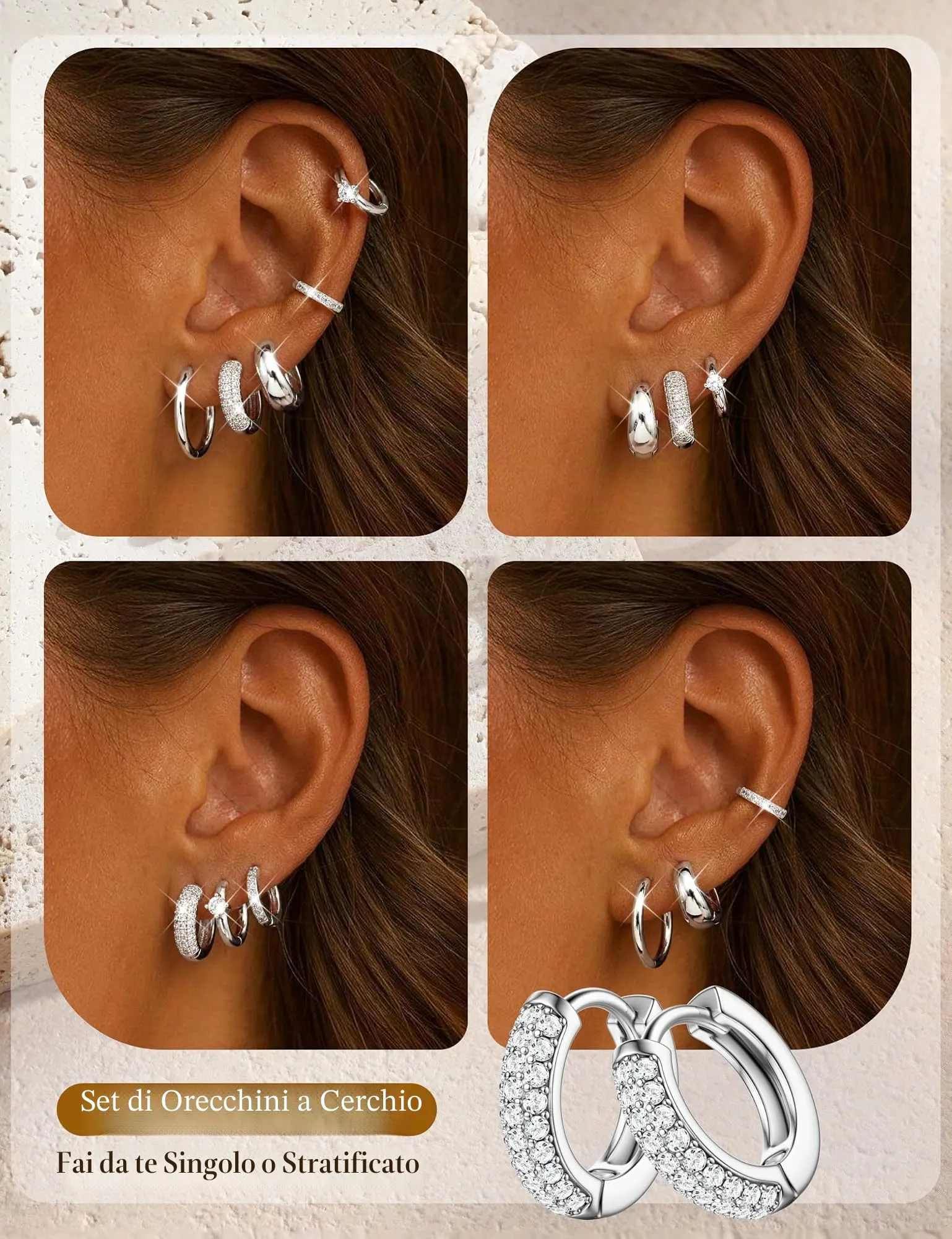 Finrezio Set 5 Paia Orecchini a Cerchio Argento per Donna, 8 mm, 10 mm, 14 mm - immagine 5