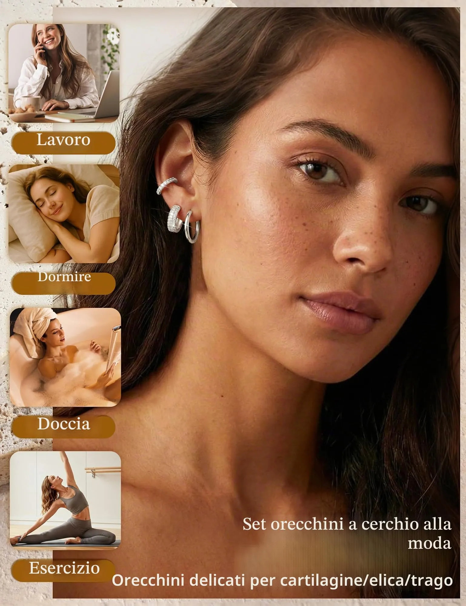 Finrezio Set 5 Paia Orecchini a Cerchio Argento per Donna, 8 mm, 10 mm, 14 mm - immagine 6