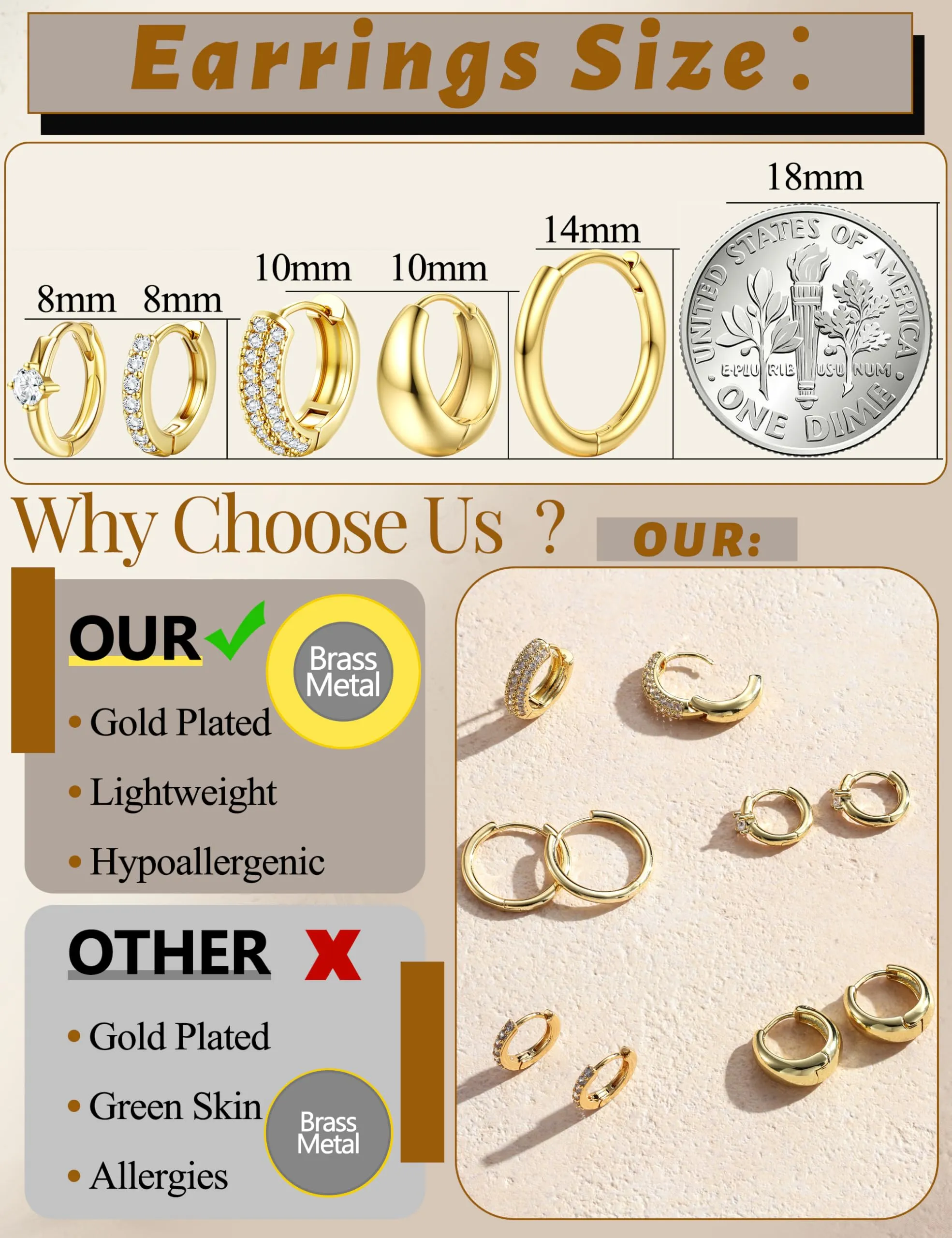 Finrezio Set 5 Paia Orecchini a Cerchio Oro 14K per Donna - immagine 2
