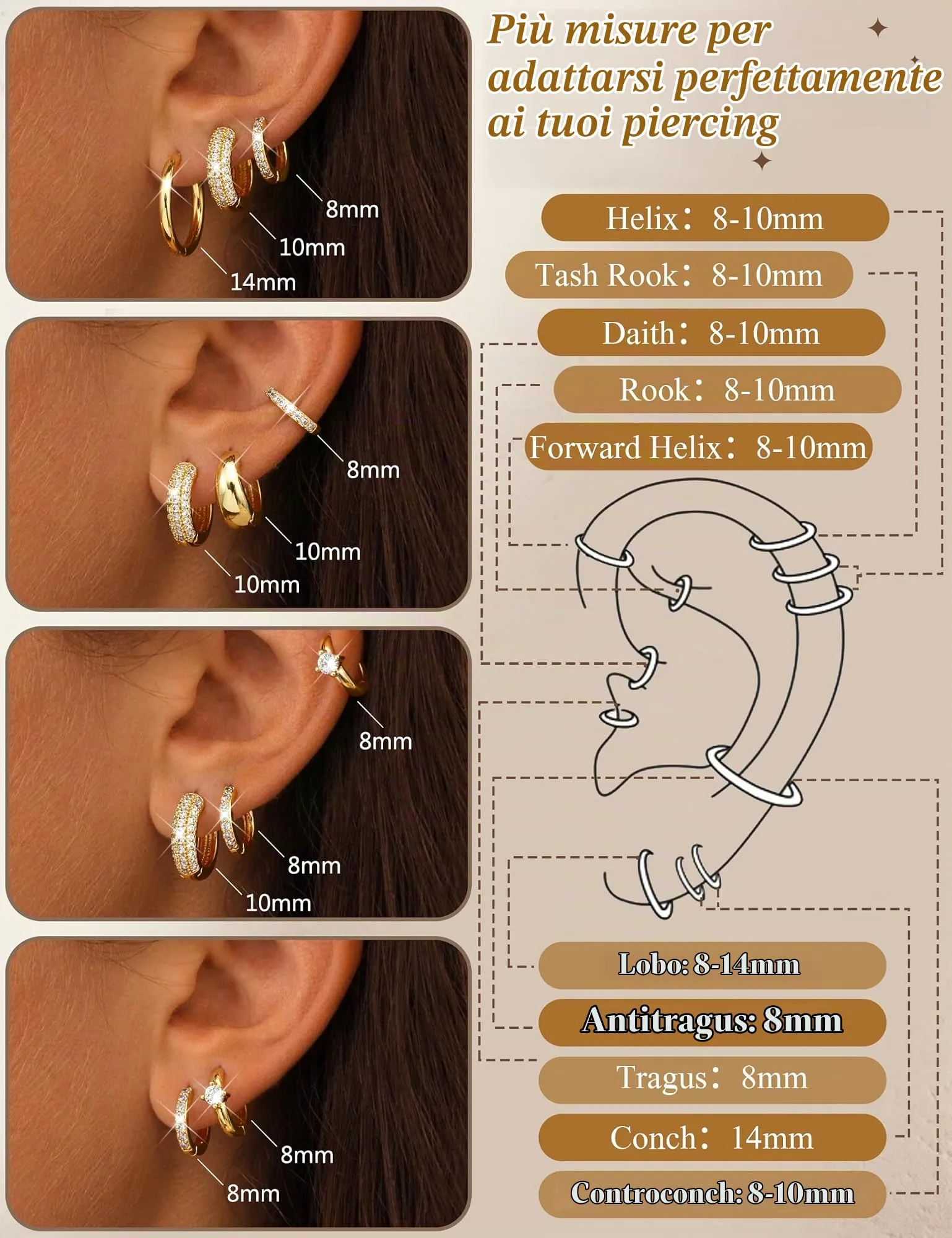 Finrezio Set 5 Paia Orecchini a Cerchio Oro 14K per Donna - immagine 3