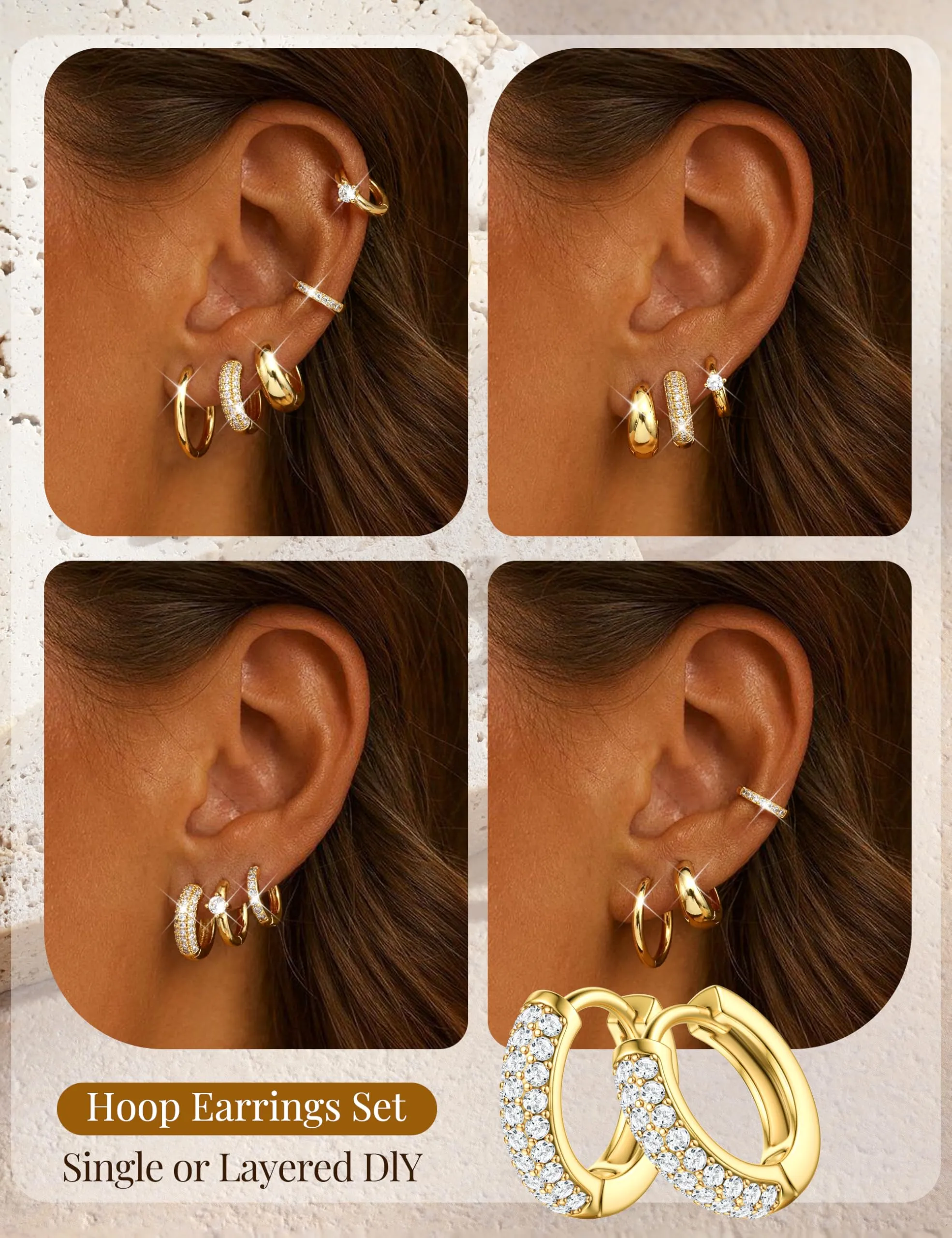 Finrezio Set 5 Paia Orecchini a Cerchio Oro 14K per Donna - immagine 5