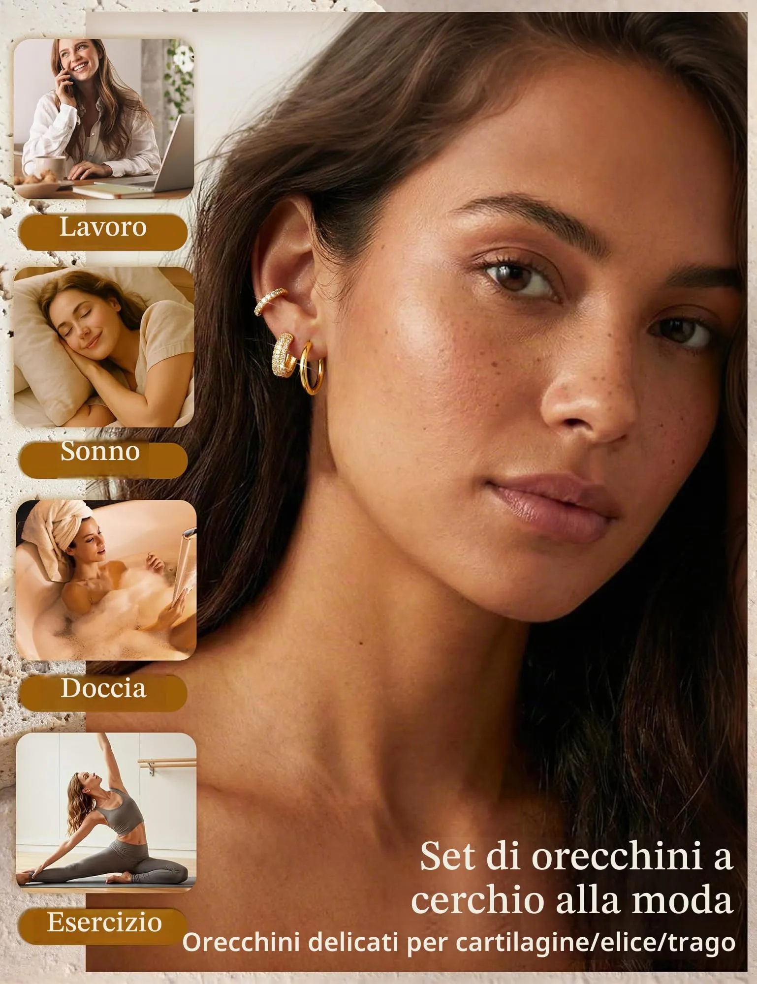 Finrezio Set 5 Paia Orecchini a Cerchio Oro 14K per Donna - immagine 6