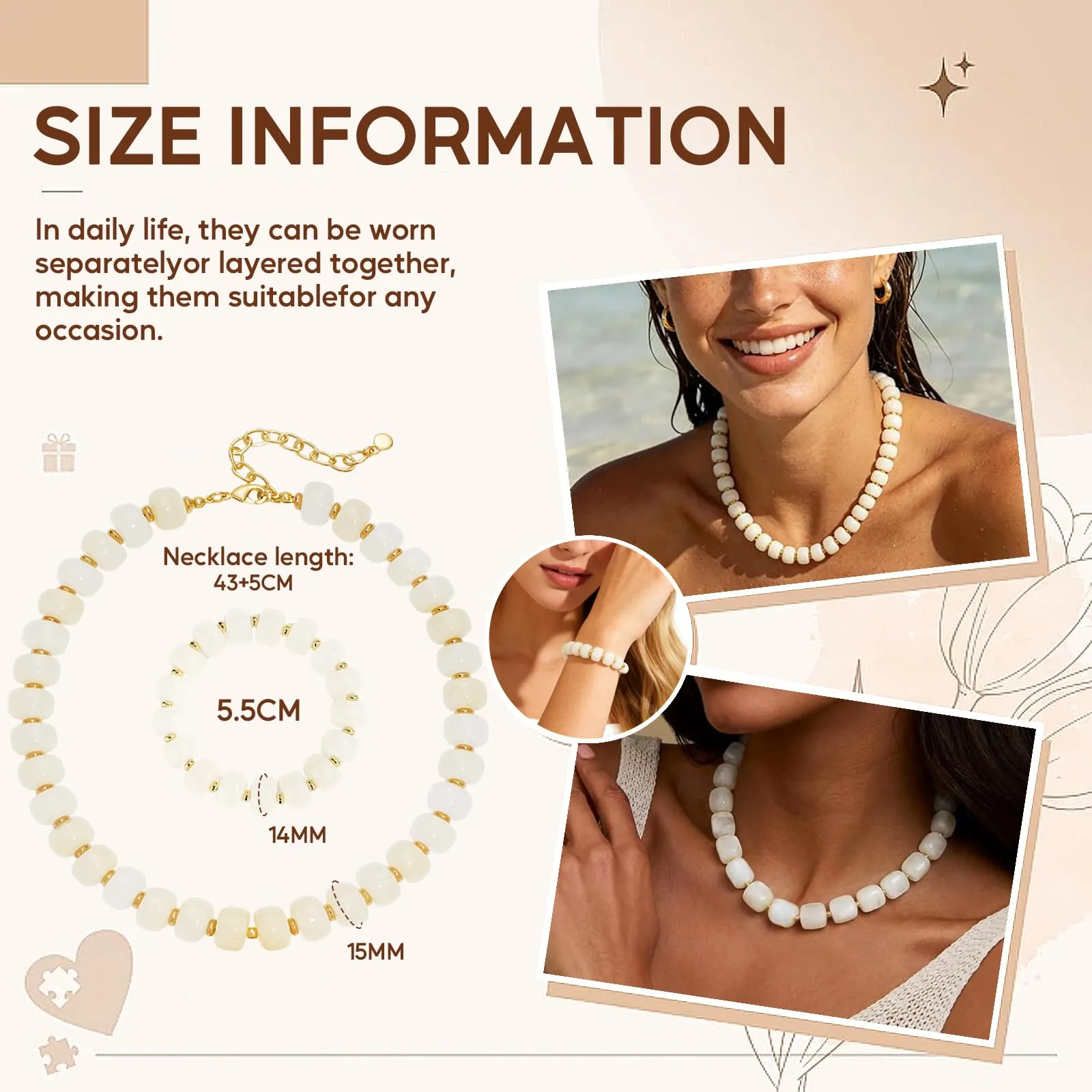 JYIXXZX Set Collana e Bracciale Bohémien in Resina, Perle Fatte a Mano, Bianco - immagine 2