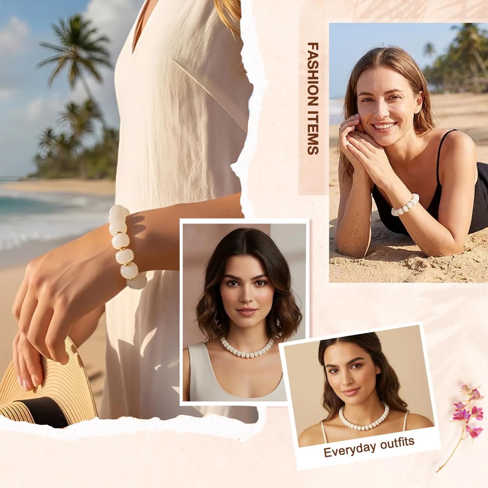 JYIXXZX Set Collana e Bracciale Bohémien in Resina, Perle Fatte a Mano, Bianco - immagine 7