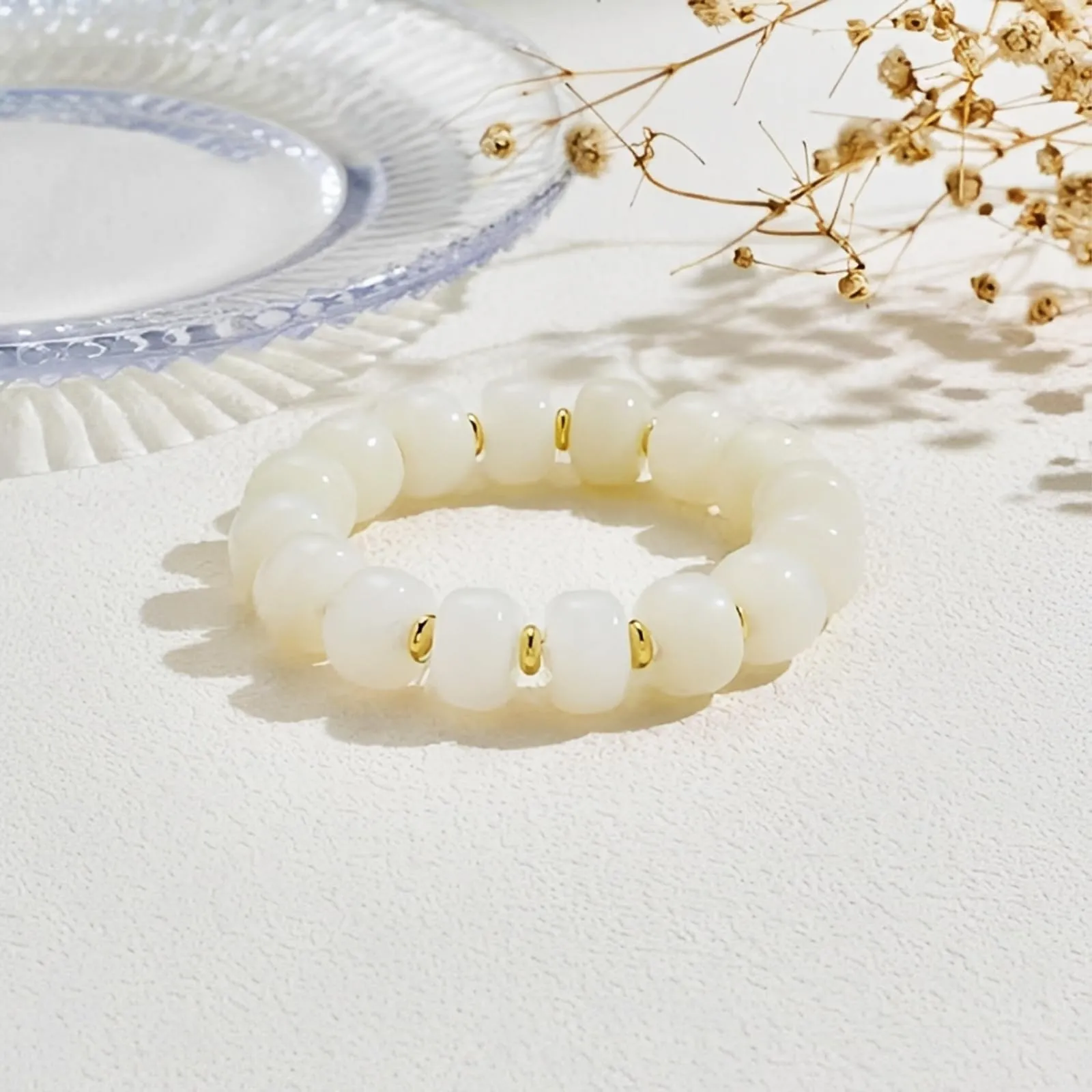 JYIXXZX Set Collana e Bracciale Bohémien in Resina, Perle Fatte a Mano, Bianco - immagine 9