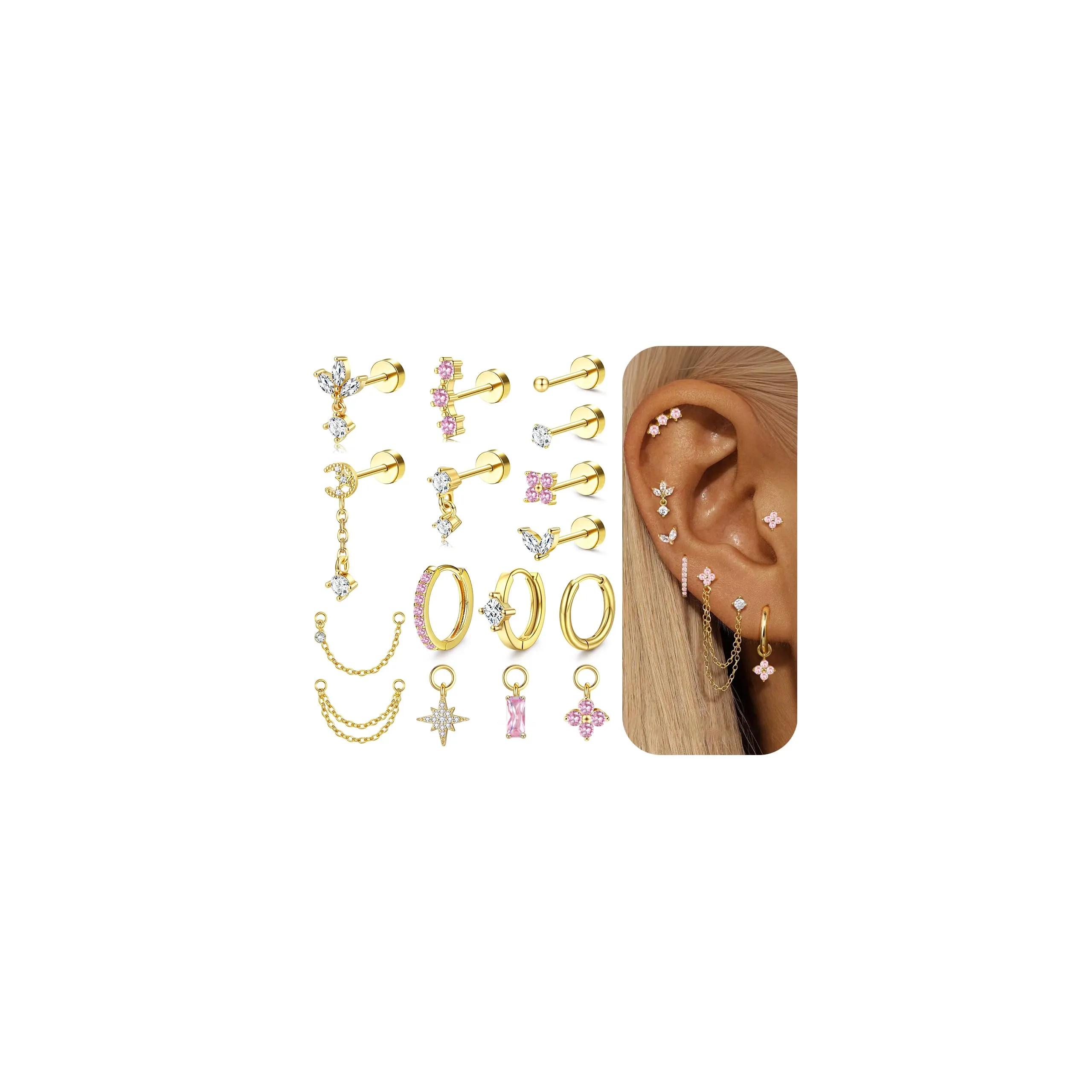 Milacolato Piercing Orecchio Acciaio Chirurgico Helix Set 16 Pezzi - immagine 1