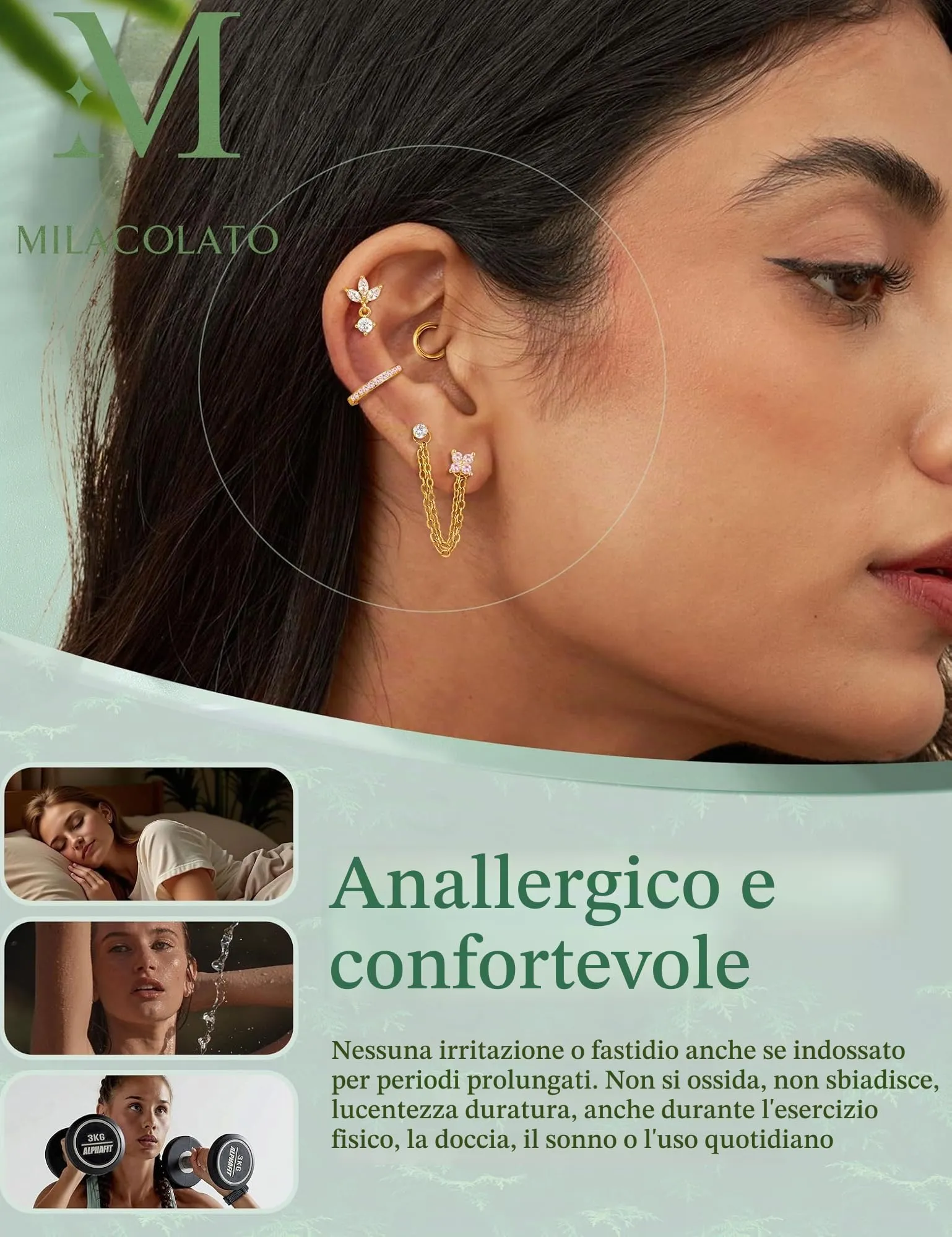 Milacolato Piercing Orecchio Acciaio Chirurgico Helix Set 16 Pezzi - immagine 4