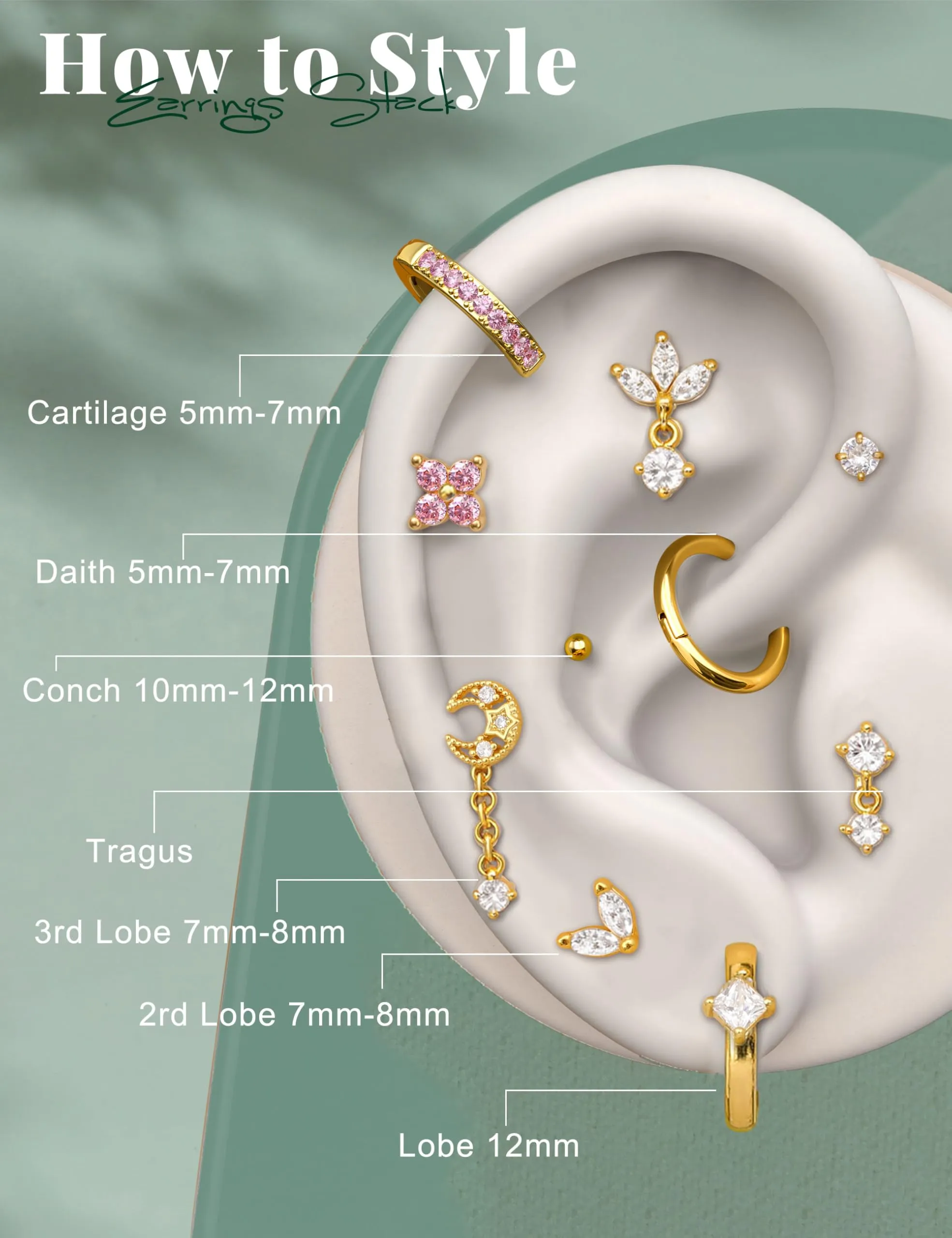 Milacolato Piercing Orecchio Acciaio Chirurgico Helix Set 16 Pezzi - immagine 5