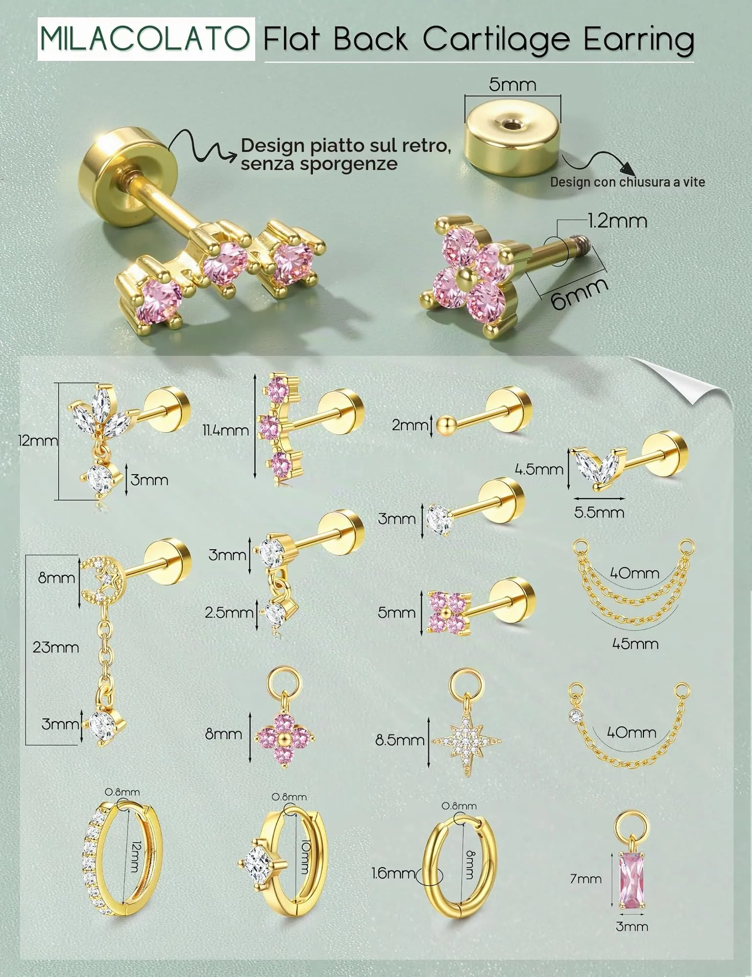 Milacolato Piercing Orecchio Acciaio Chirurgico Helix Set 16 Pezzi - immagine 6