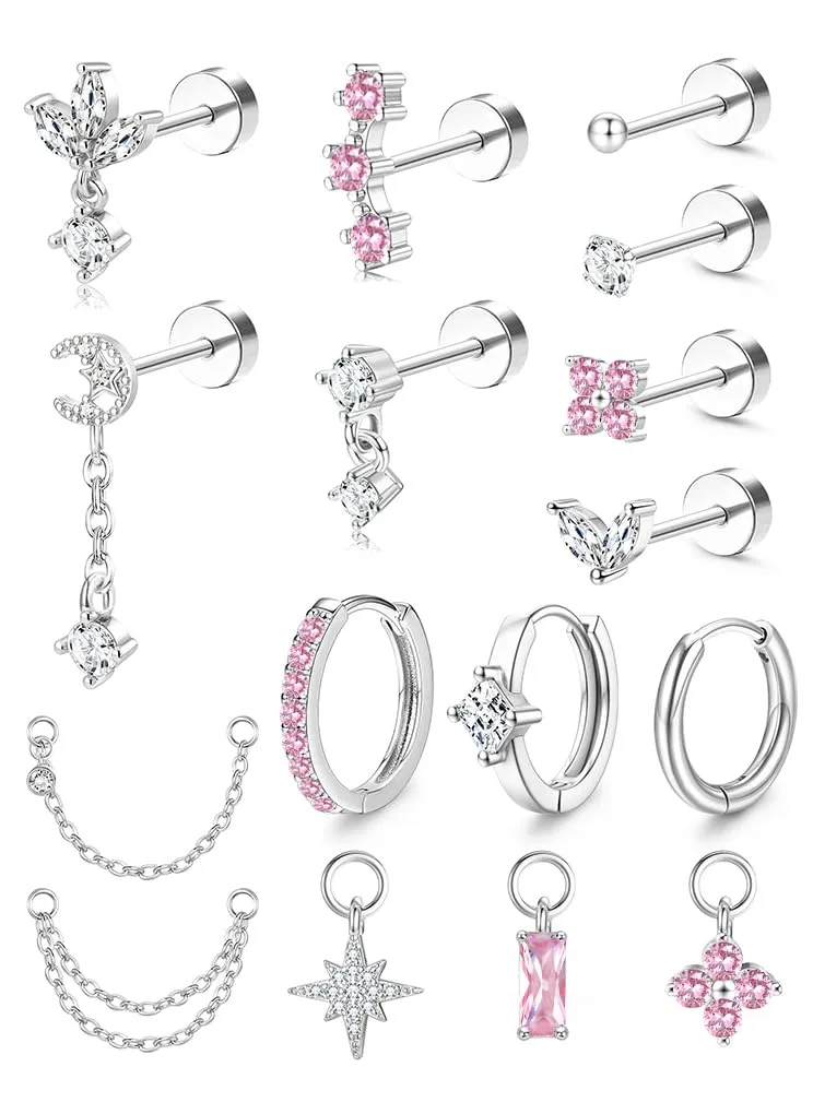 Milacolato Set Piercing Orecchio in Acciaio Chirurgico 316L, 16 Pezzi per Helix, Trago e Conch, 20G-SP - immagine 1