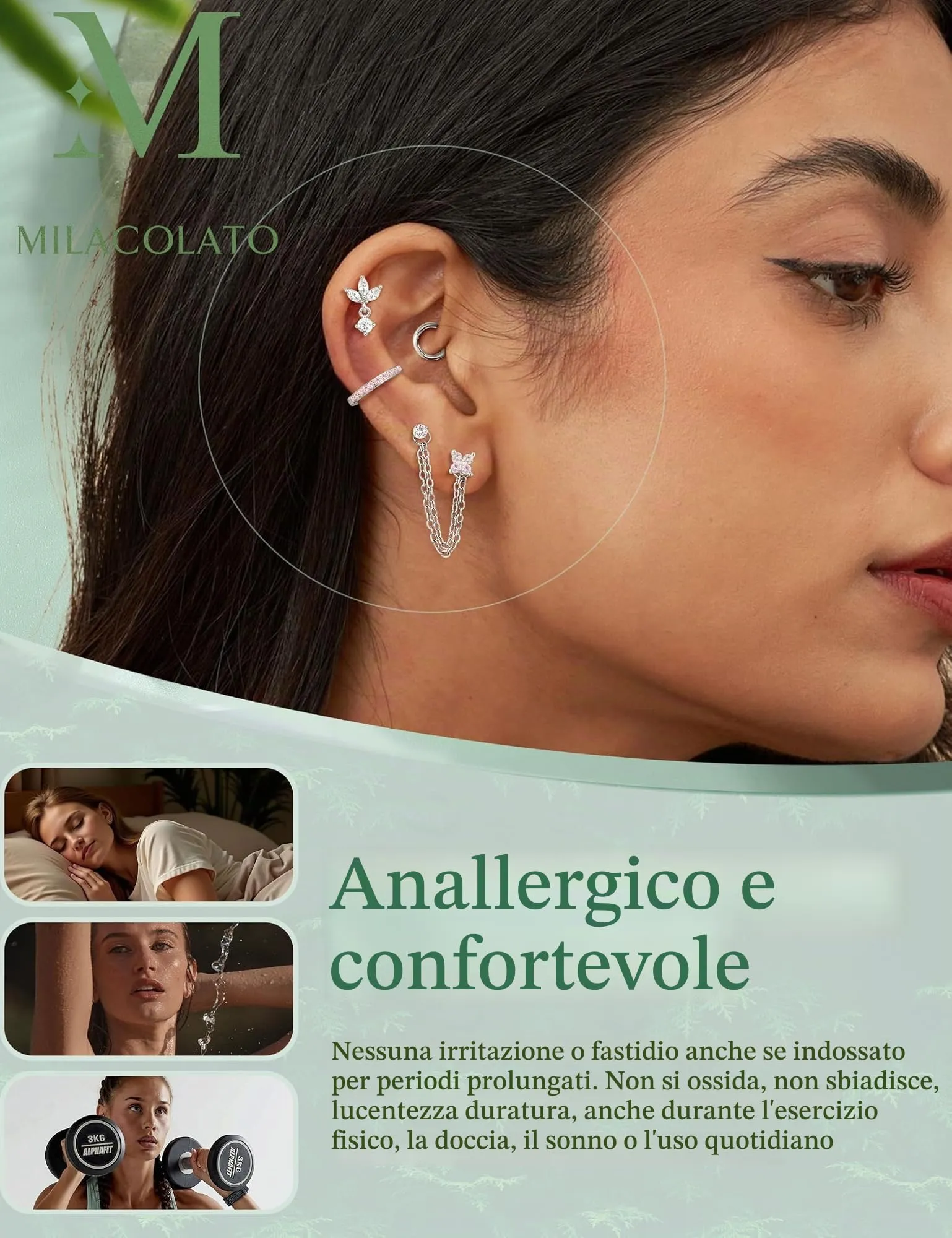 Milacolato Set Piercing Orecchio in Acciaio Chirurgico 316L, 16 Pezzi per Helix, Trago e Conch, 20G-SP - immagine 4