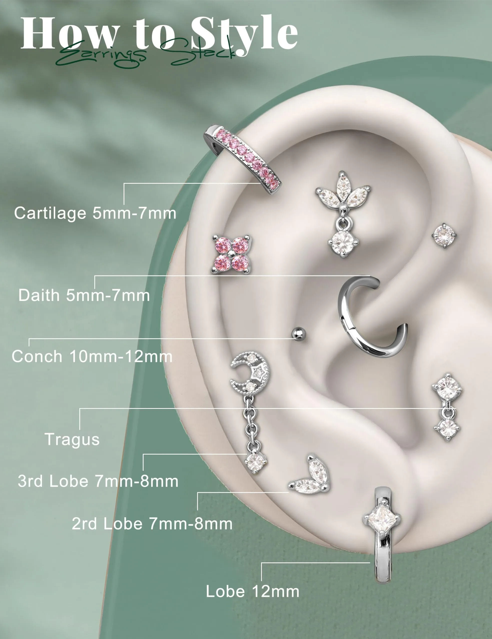 Milacolato Set Piercing Orecchio in Acciaio Chirurgico 316L, 16 Pezzi per Helix, Trago e Conch, 20G-SP - immagine 5