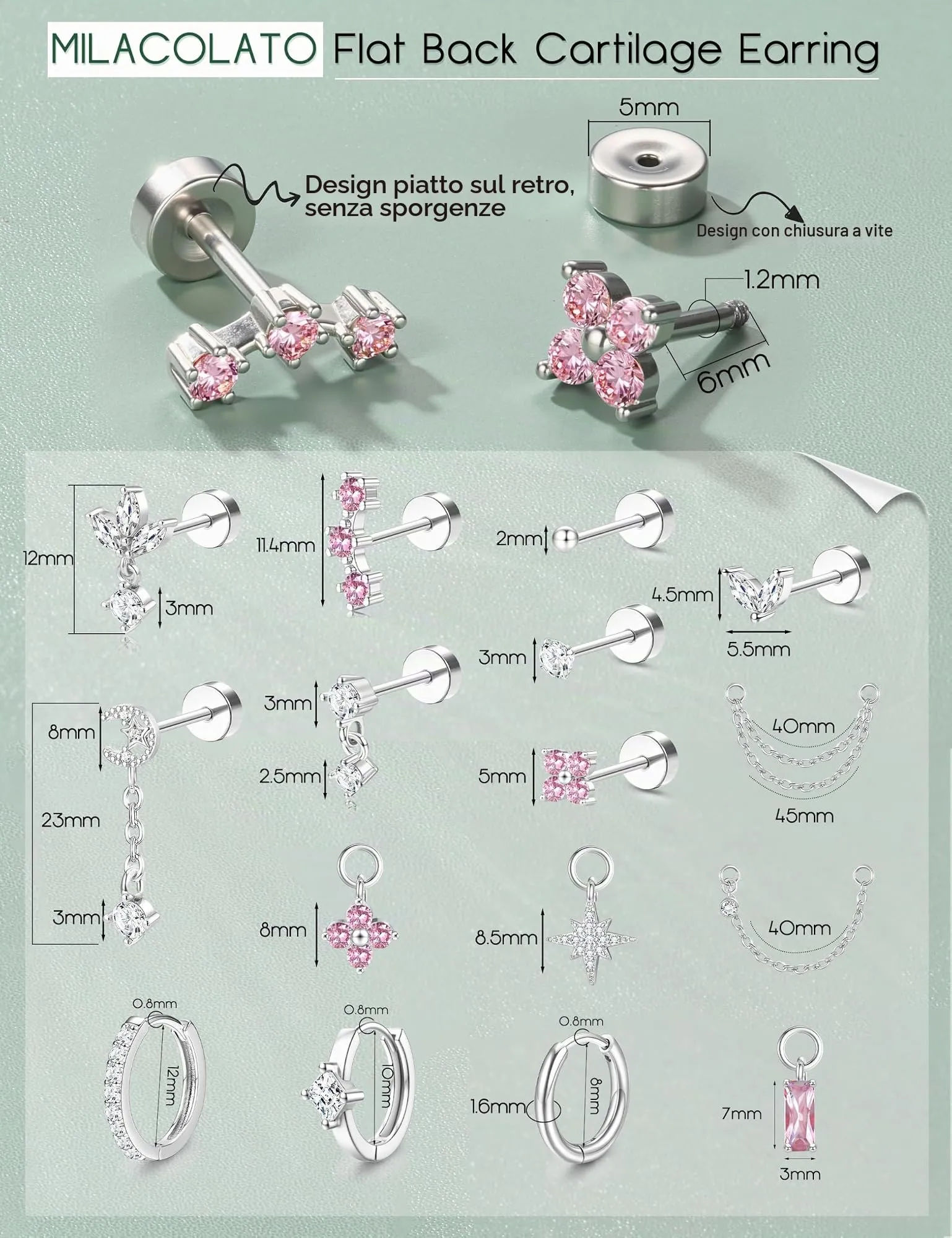 Milacolato Set Piercing Orecchio in Acciaio Chirurgico 316L, 16 Pezzi per Helix, Trago e Conch, 20G-SP - immagine 6