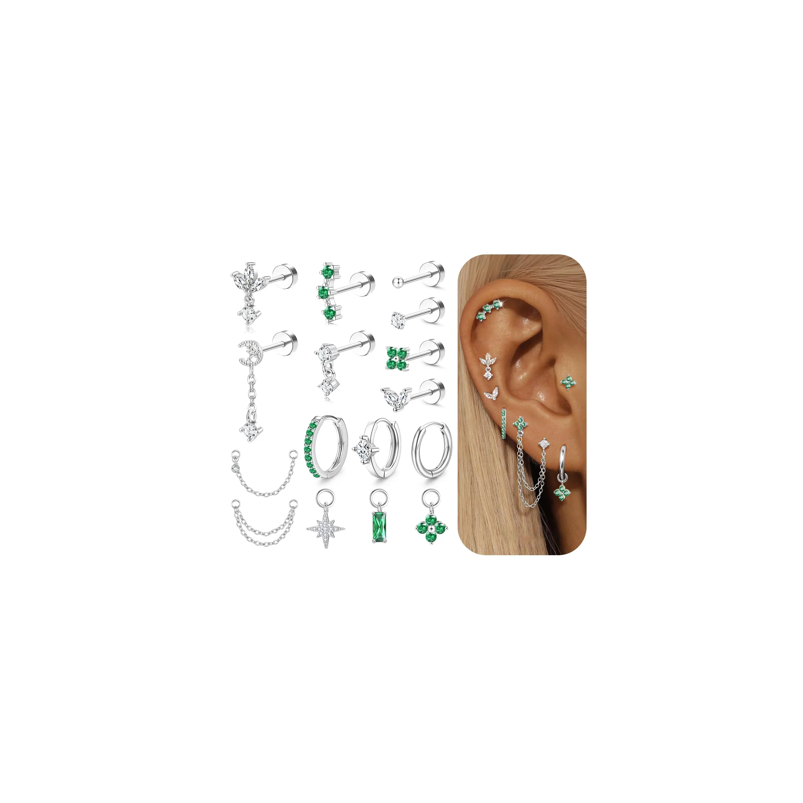 Milacolato Set Piercing Orecchio Acciaio Chirurgico 316L Helix Trago Conch 20G Argento Verde CZ - immagine 1