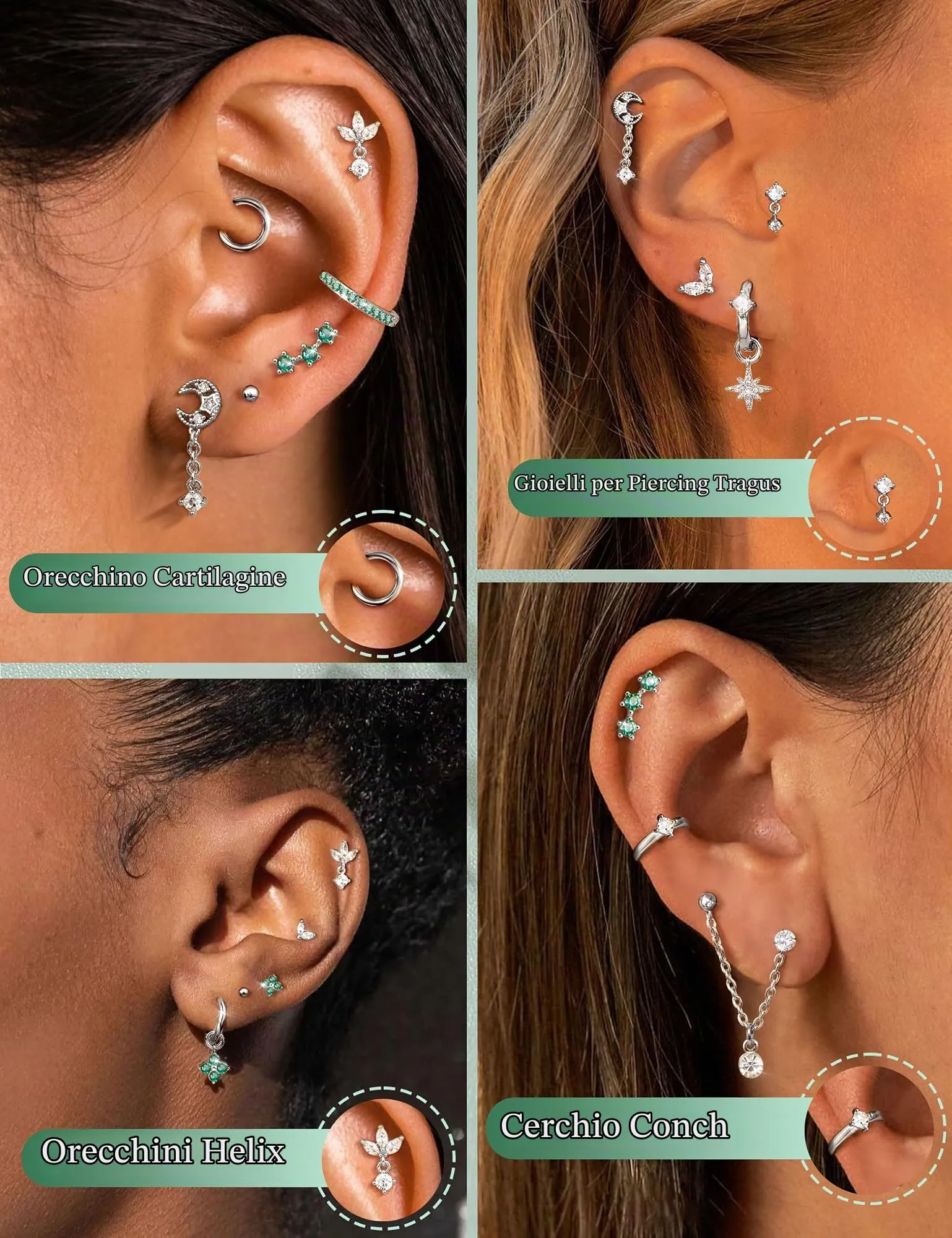 Milacolato Set Piercing Orecchio Acciaio Chirurgico 316L Helix Trago Conch 20G Argento Verde CZ - immagine 2