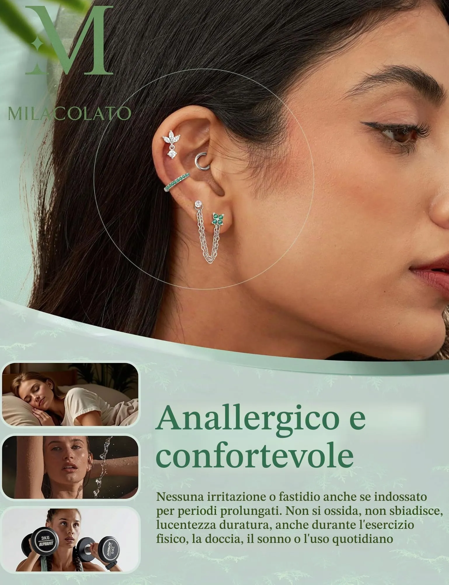 Milacolato Set Piercing Orecchio Acciaio Chirurgico 316L Helix Trago Conch 20G Argento Verde CZ - immagine 4