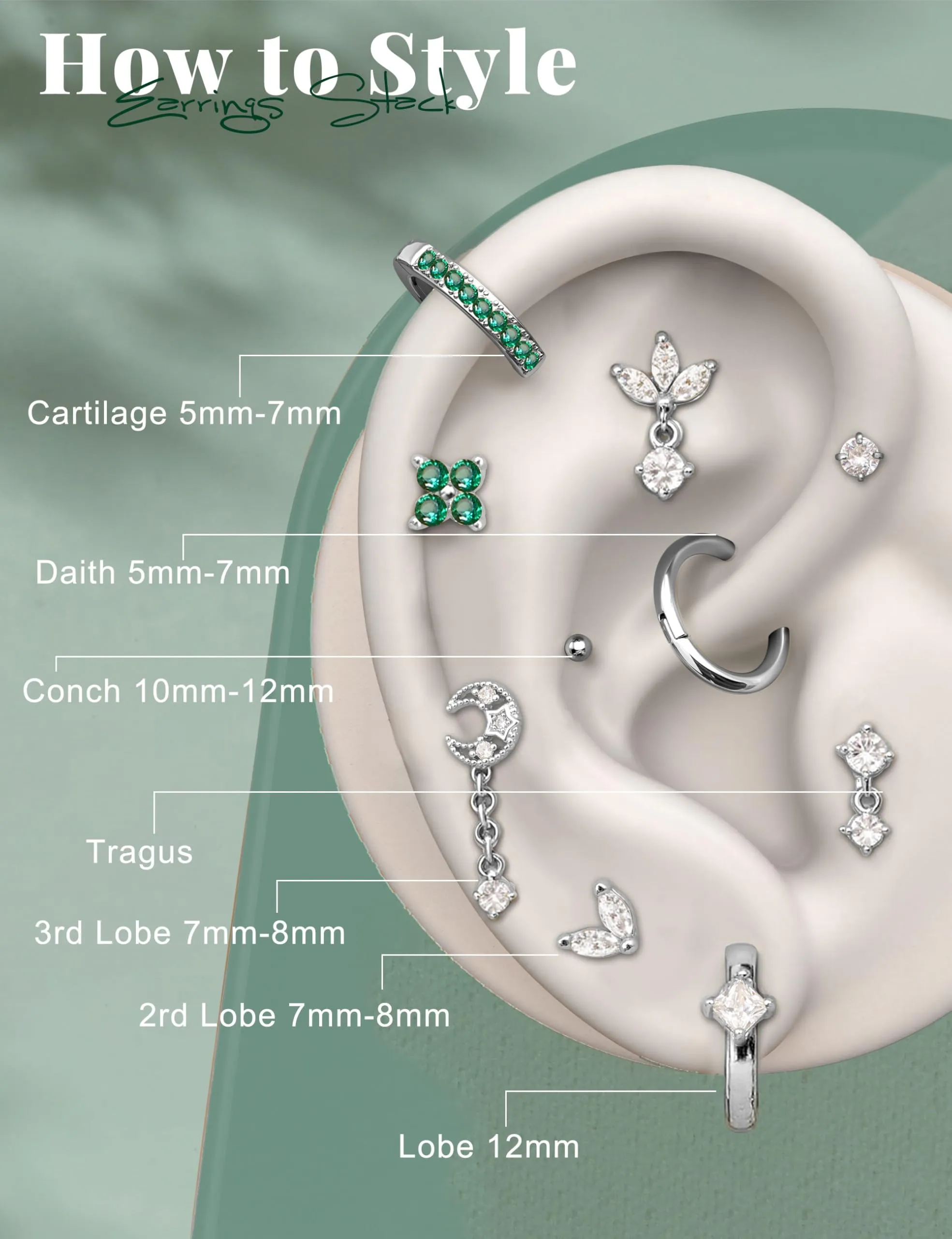 Milacolato Set Piercing Orecchio Acciaio Chirurgico 316L Helix Trago Conch 20G Argento Verde CZ - immagine 5