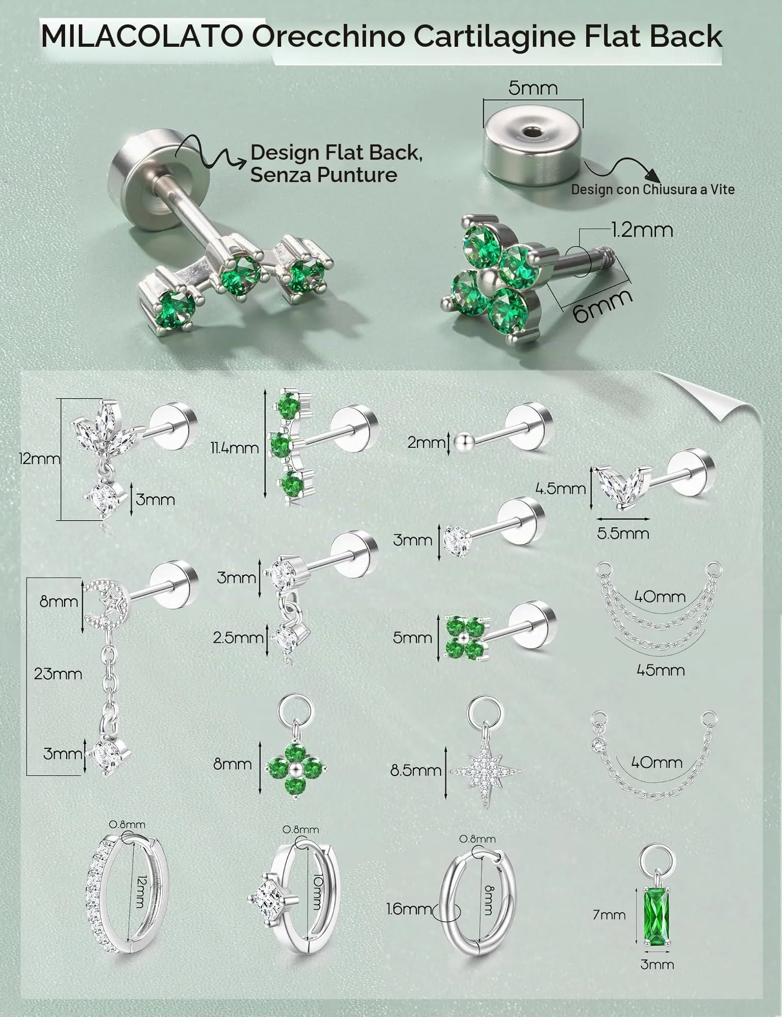 Milacolato Set Piercing Orecchio Acciaio Chirurgico 316L Helix Trago Conch 20G Argento Verde CZ - immagine 6