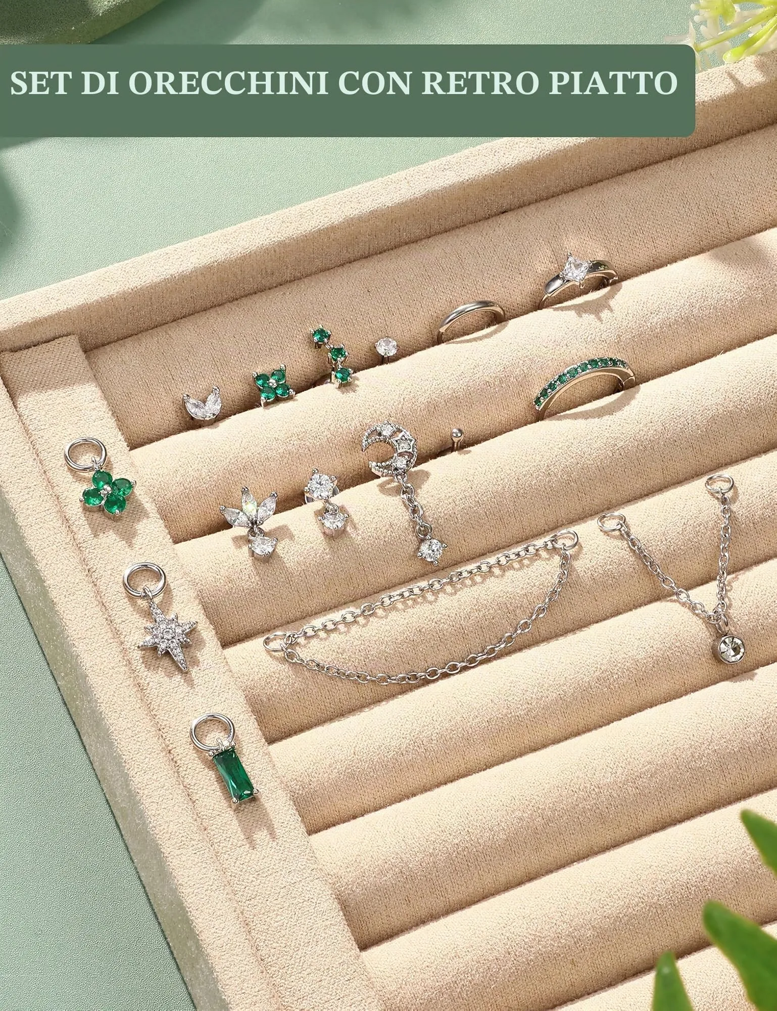 Milacolato Set Piercing Orecchio Acciaio Chirurgico 316L Helix Trago Conch 20G Argento Verde CZ - immagine 7