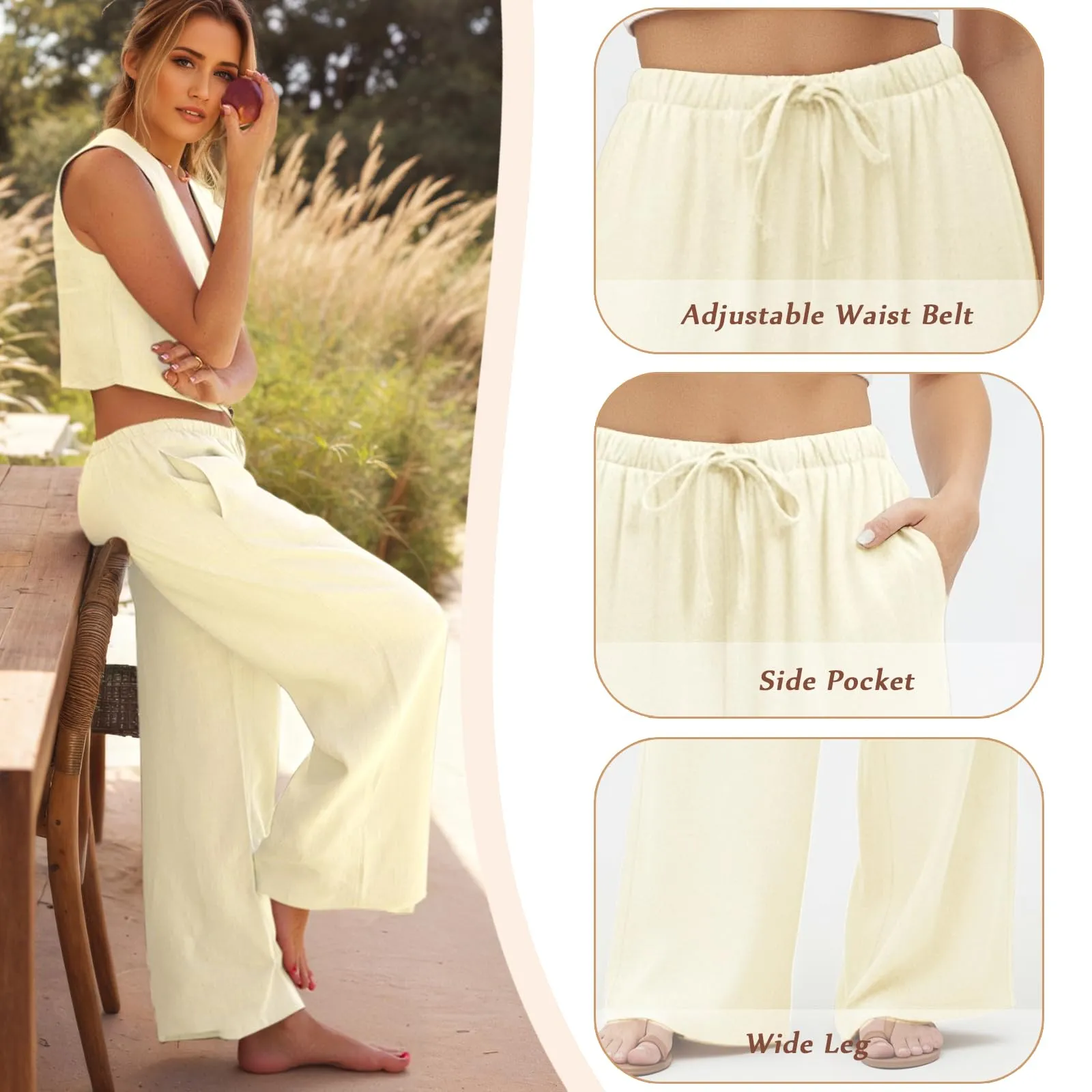 Neteson Pantaloni in Lino Donna a Gamba Larga con Vita Elastica - immagine 4