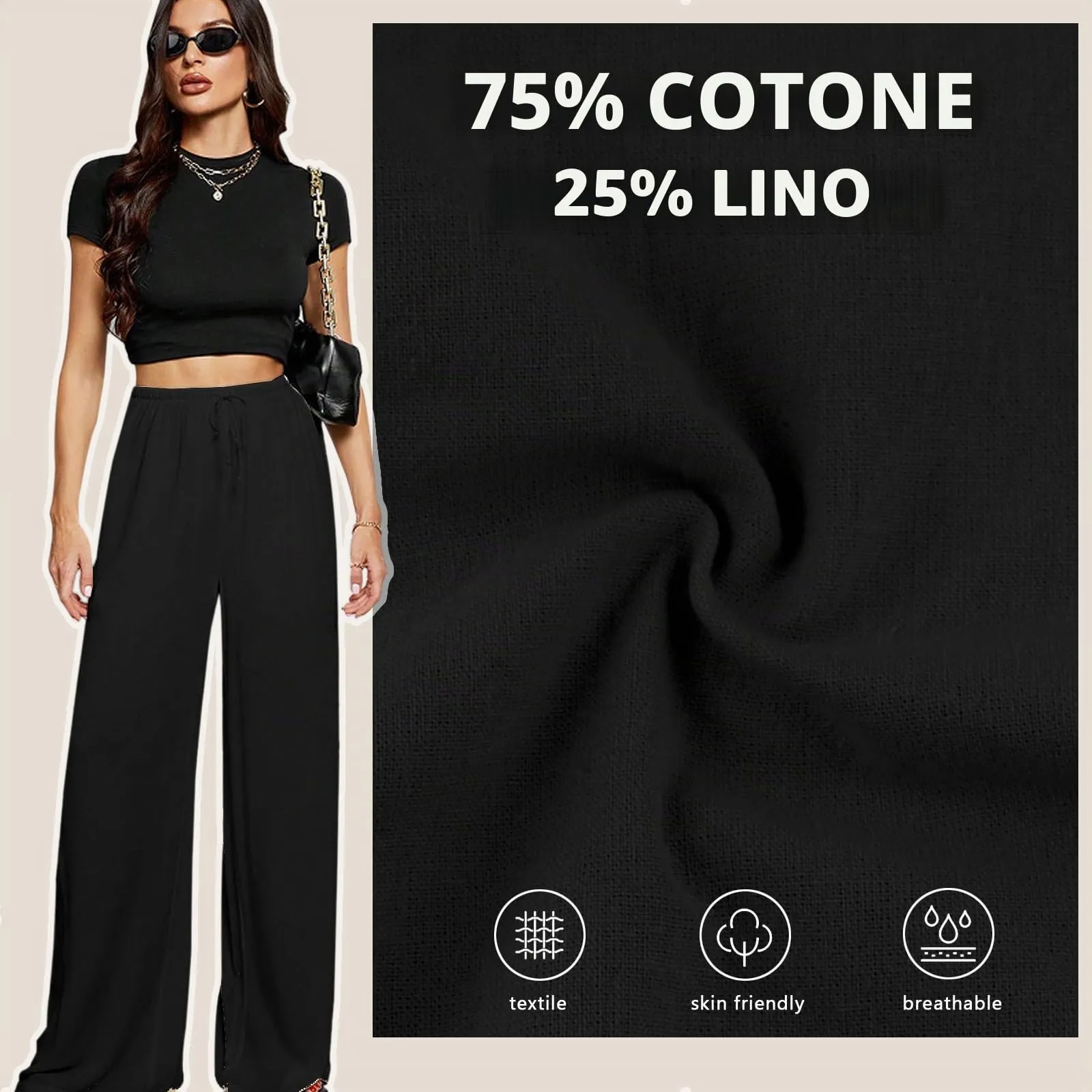 Neteson Pantaloni in Lino Donna a Gamba Larga con Vita Elastica - immagine 4