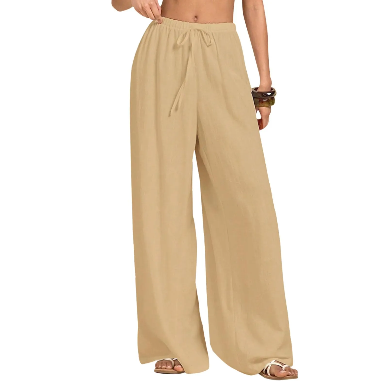 Neteson Pantaloni in Lino Donna a Gamba Larga con Vita Elastica - immagine 1