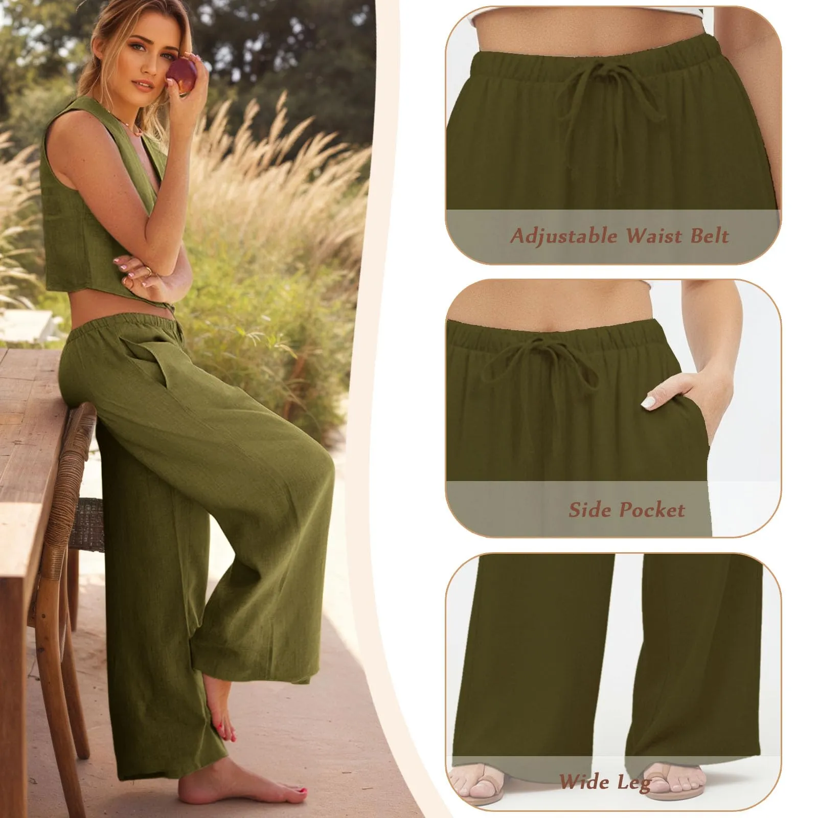Neteson Pantaloni in Lino Donna Larghi con Vita Elastica - immagine 4