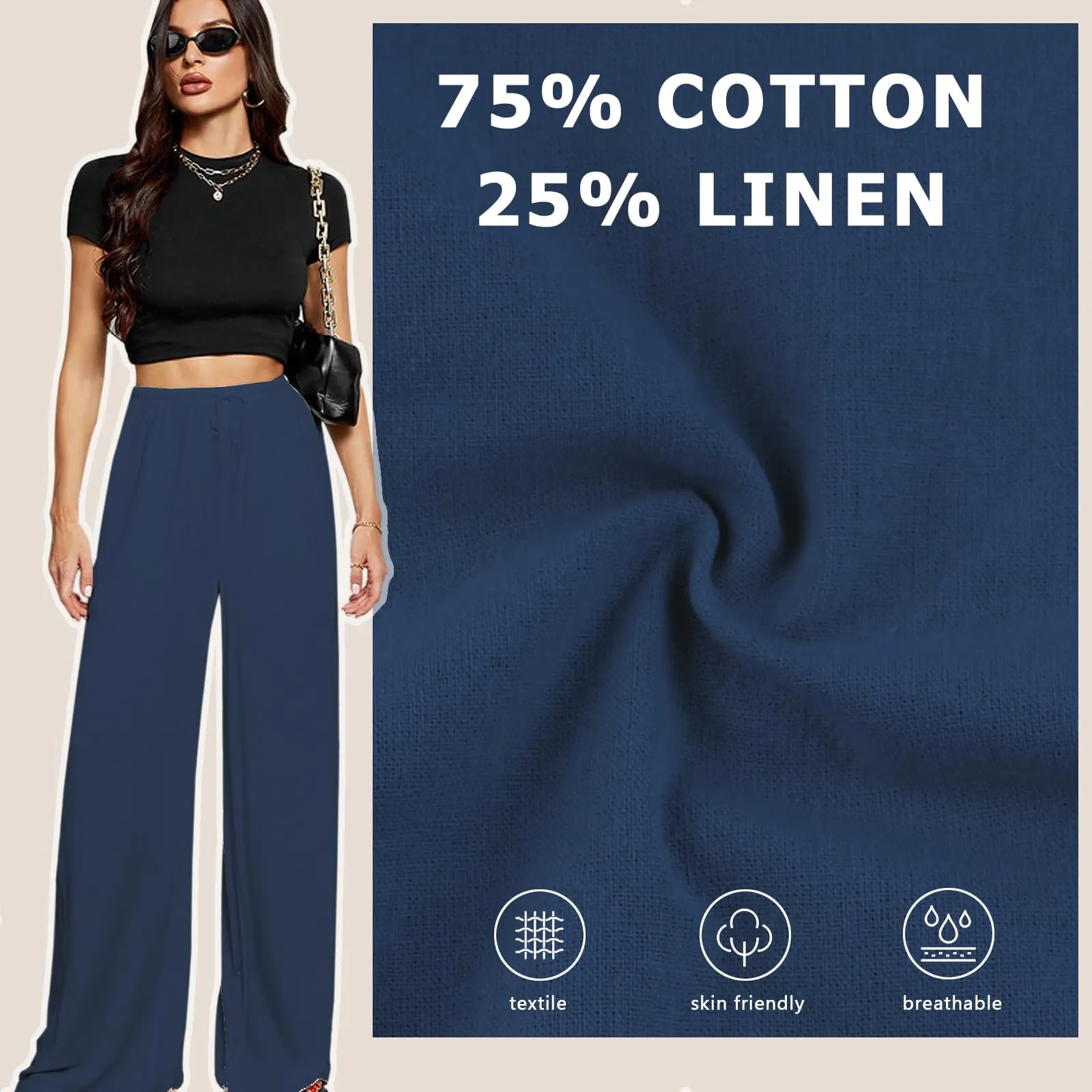 Neteson Pantaloni in Lino Donna Larghi con Vita Elastica - immagine 3