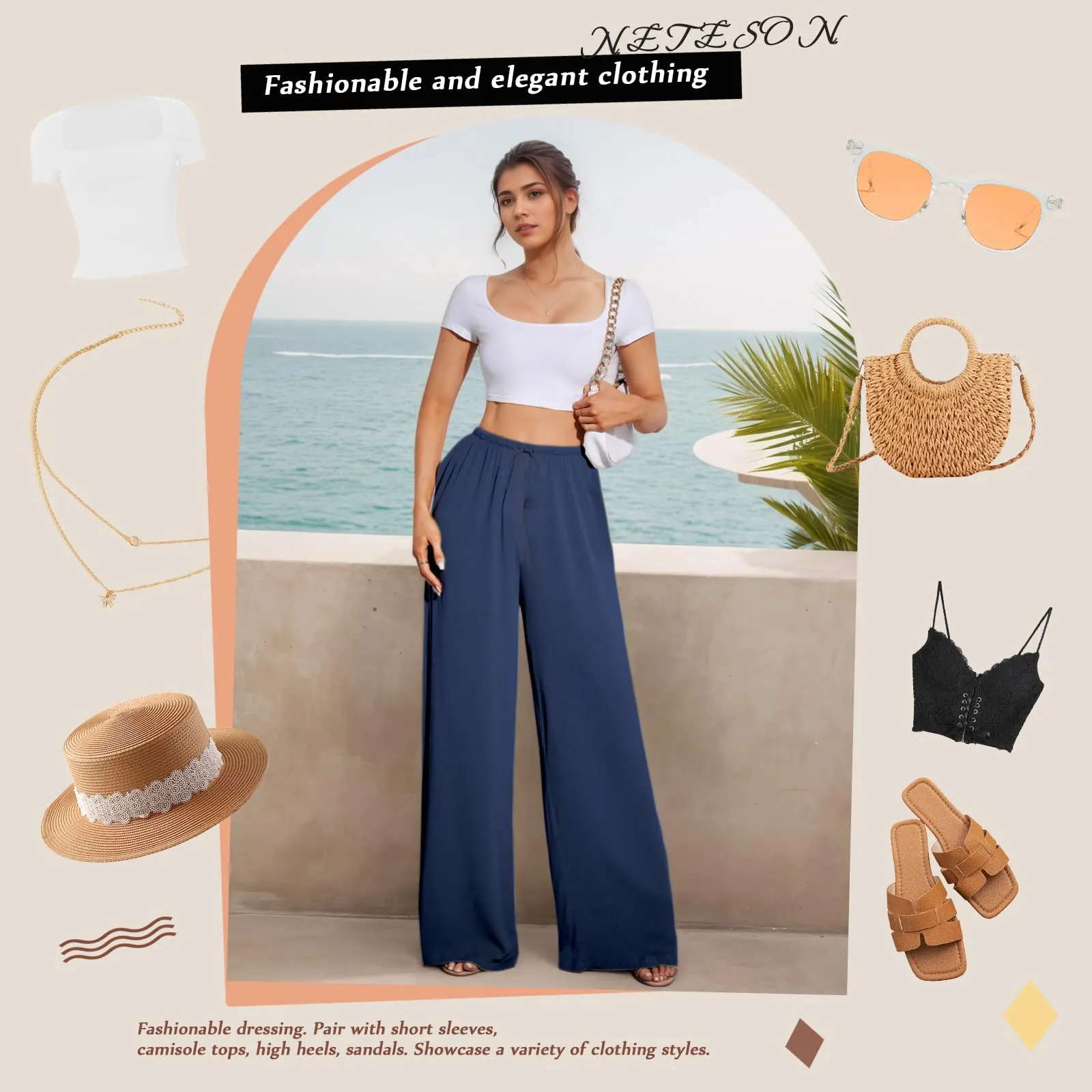 Neteson Pantaloni in Lino Donna Larghi con Vita Elastica - immagine 5