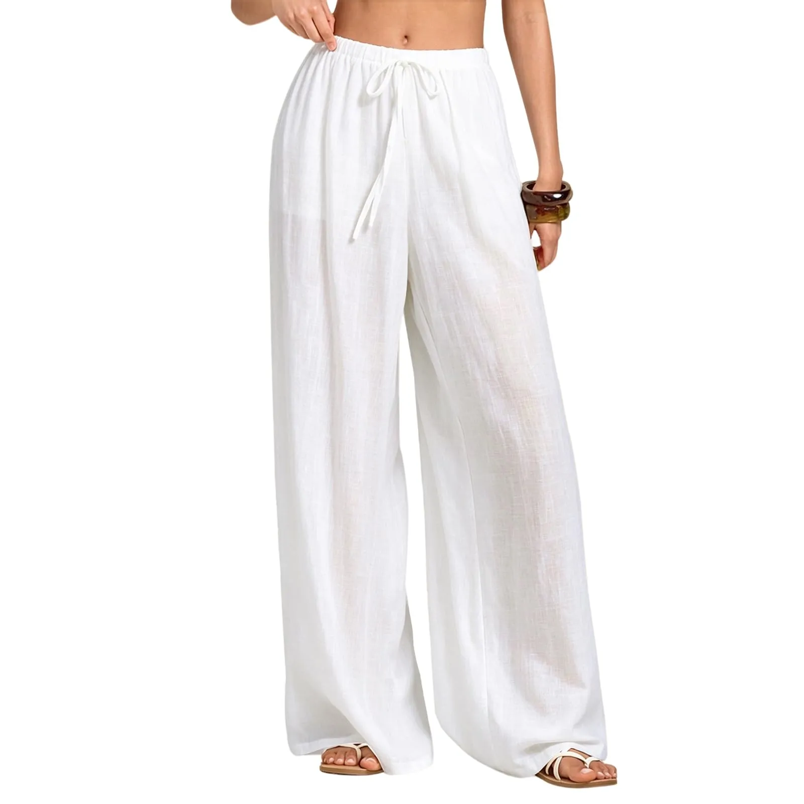 Neteson Pantaloni in Lino Donna a Gamba Larga con Vita Elastica - immagine 1