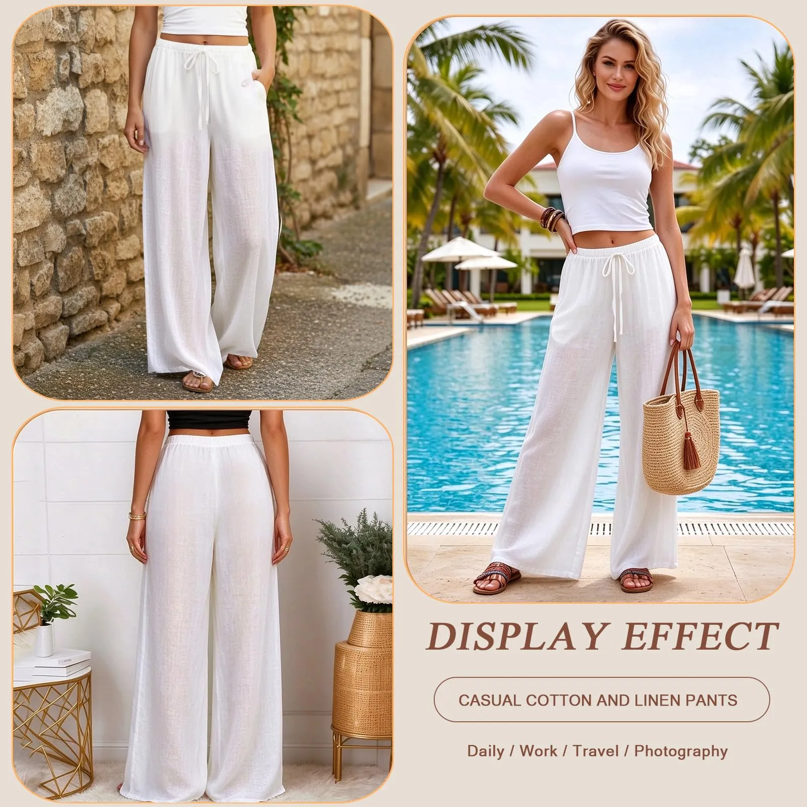 Neteson Pantaloni in Lino Donna Larghi a Vita Elastica - immagine 2