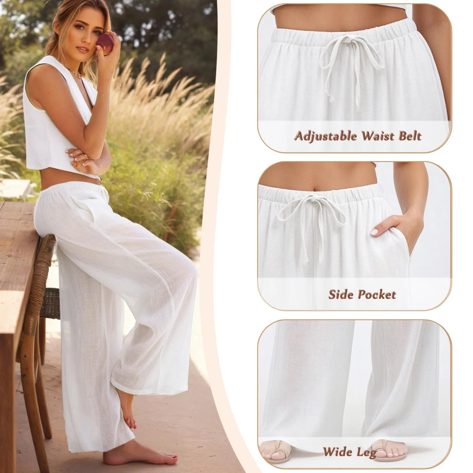 Neteson Pantaloni di Lino Donna Larghi a Vita Elastica - immagine 4