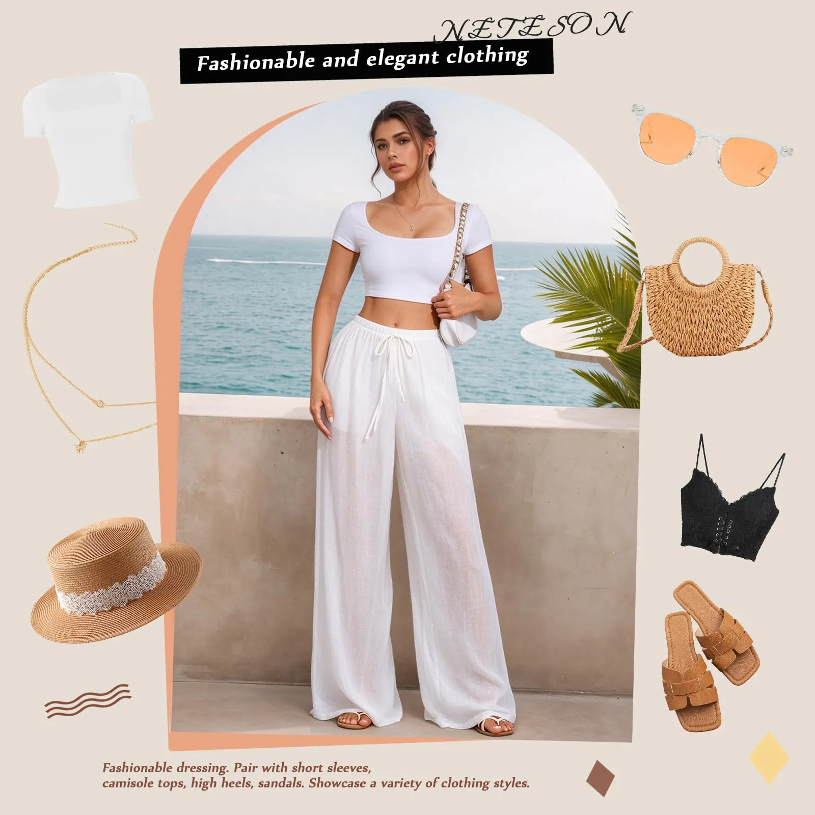 Neteson Pantaloni di Lino Donna Larghi a Vita Elastica - immagine 5