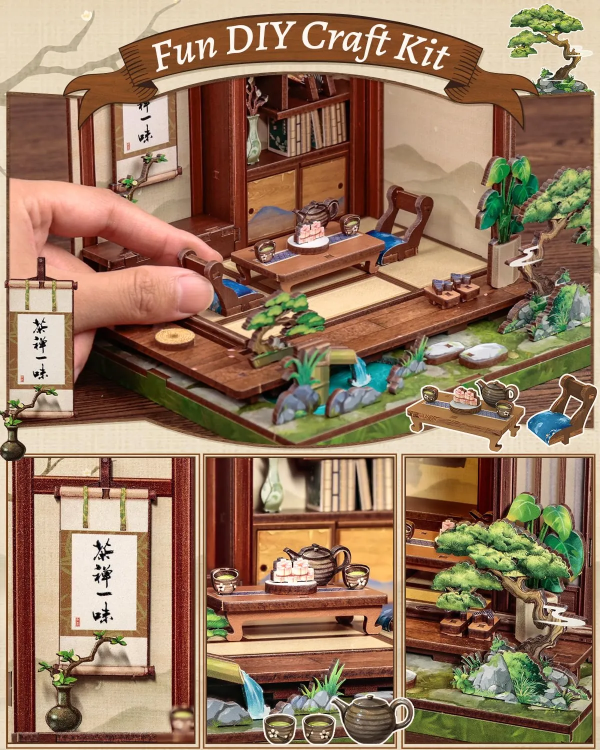 CUTEBEE Japanese Tea House Book Nook Kit, 3D Wooden Puzzle Miniature House, DIY Model for Adults - immagine 3