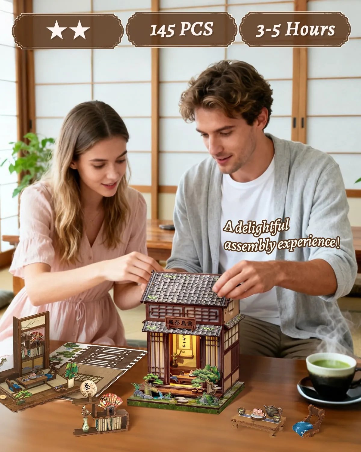 CUTEBEE Japanese Tea House Book Nook Kit, 3D Wooden Puzzle Miniature House, DIY Model for Adults - immagine 5
