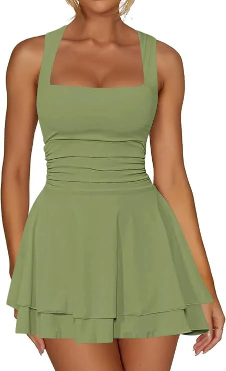Sukiglam Vestito Donna Estivo Mini Abito Senza Maniche Scollo Quadrato a Pieghe A Line Verde - immagine 1