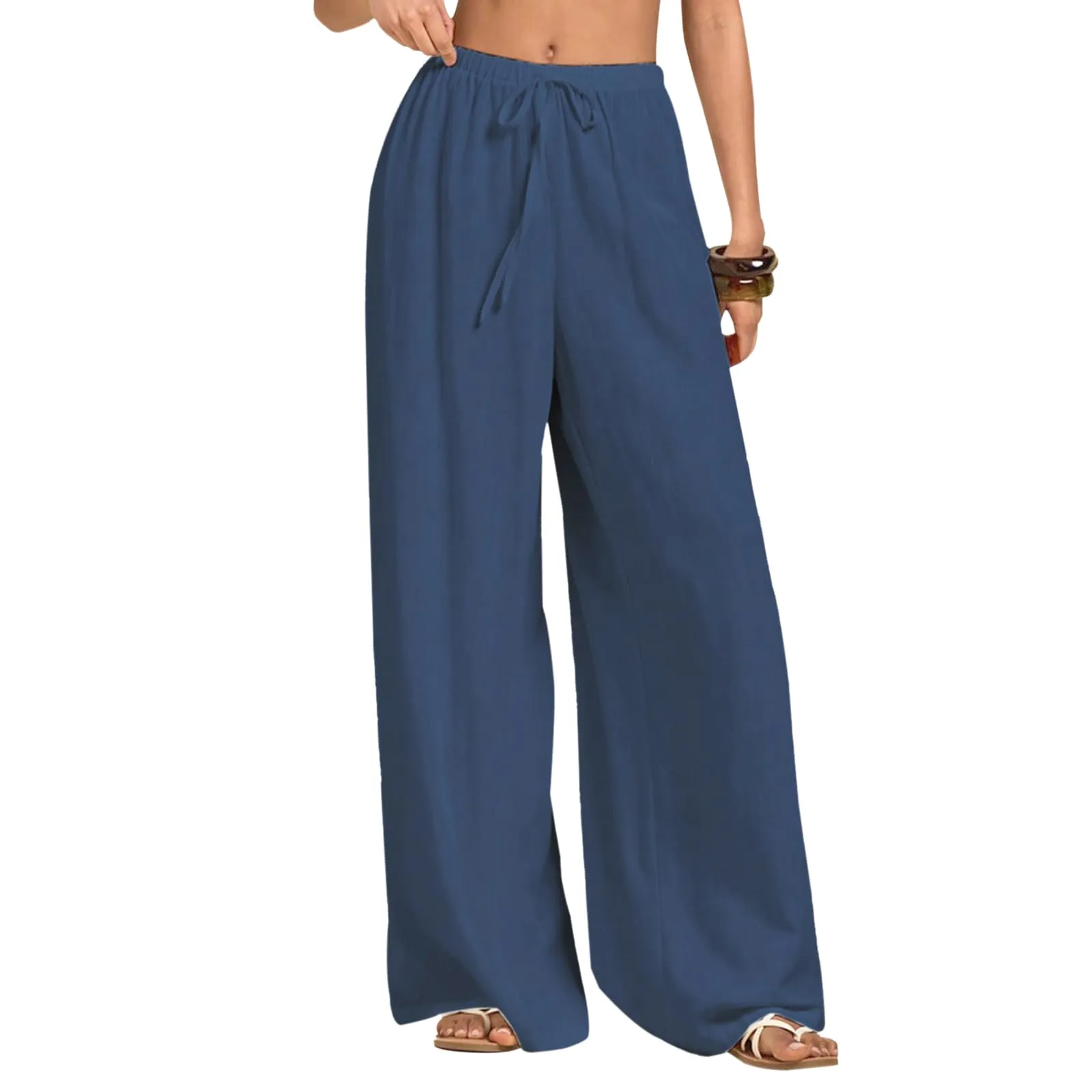 Neteson Pantaloni in Lino Donna a Gamba Larga con Vita Elastica - immagine 1