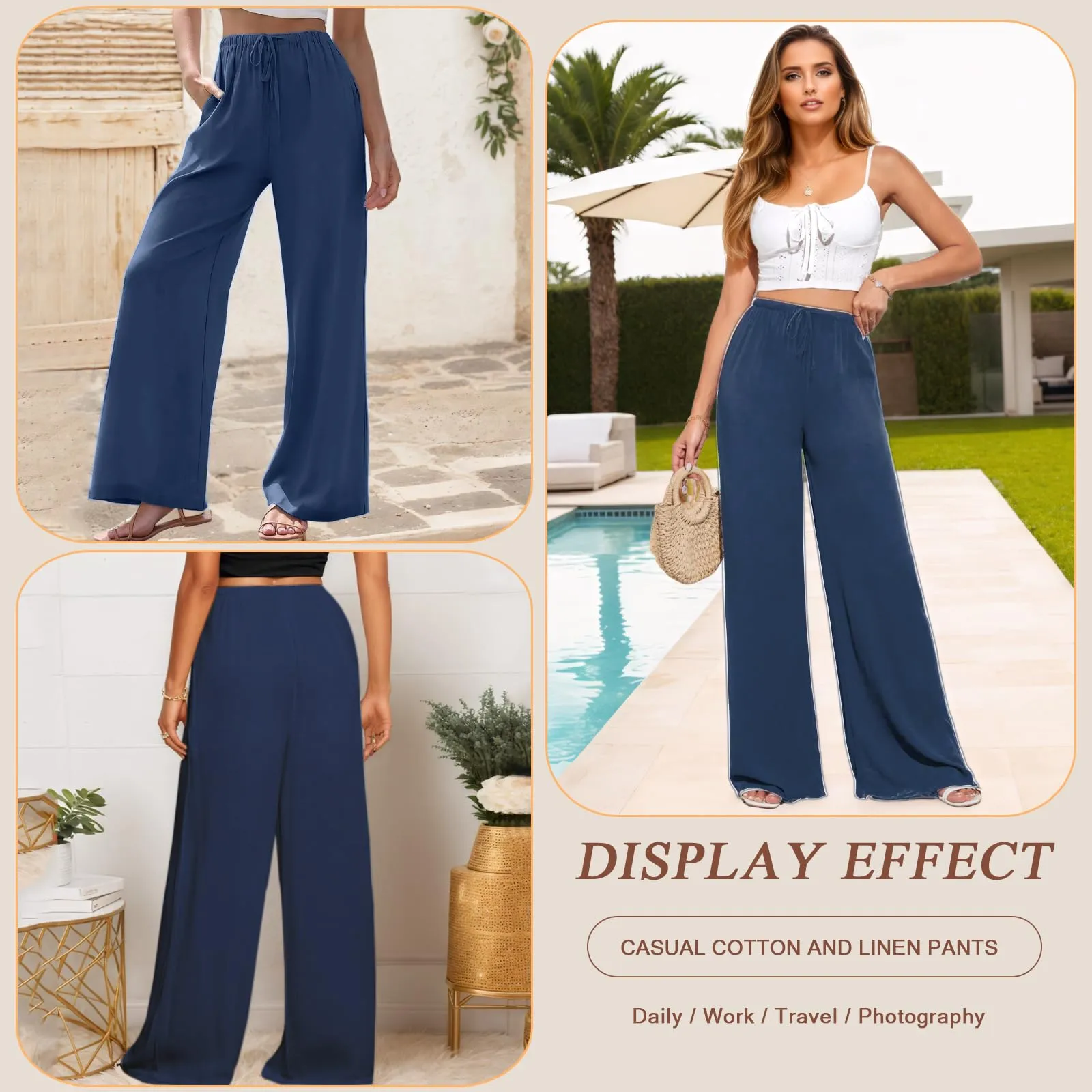 Neteson Pantaloni in Lino Donna a Gamba Larga con Vita Elastica - immagine 2