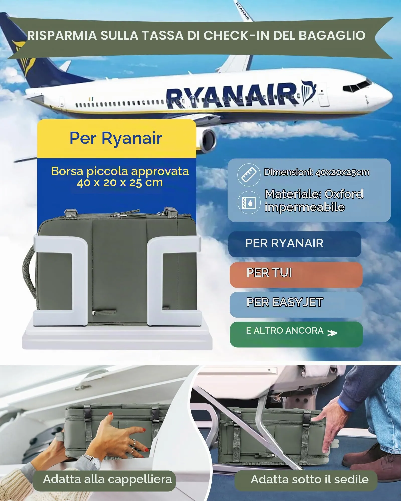 SZLX Zaino da Viaggio Bagaglio a Mano Ryanair Wizzair Easyjet per Laptop 14 Pollici con Porta Scarpe 40x20x25 cm - immagine 2