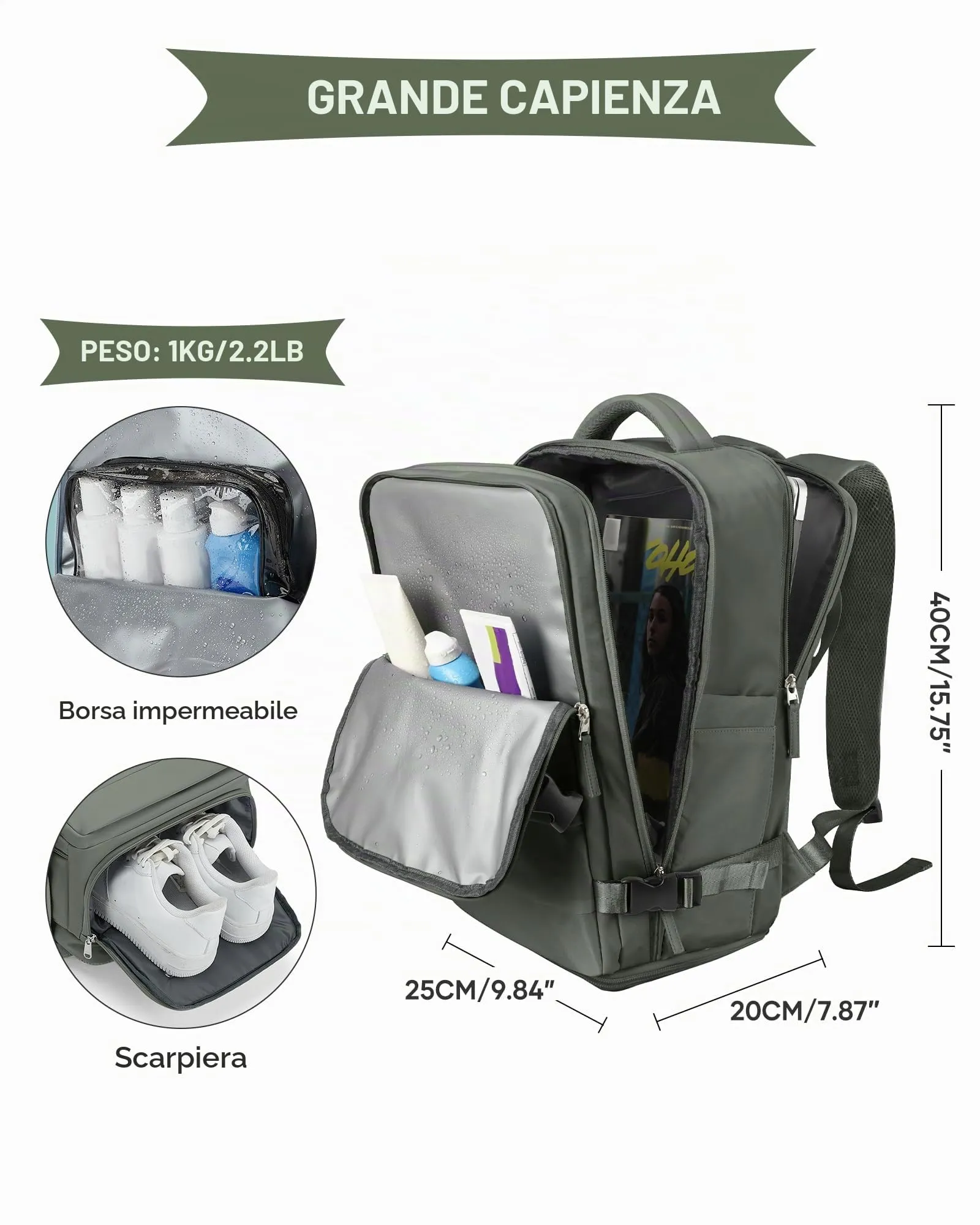 SZLX Zaino da Viaggio Bagaglio a Mano Ryanair Wizzair Easyjet per Laptop 14 Pollici con Porta Scarpe 40x20x25 cm - immagine 5