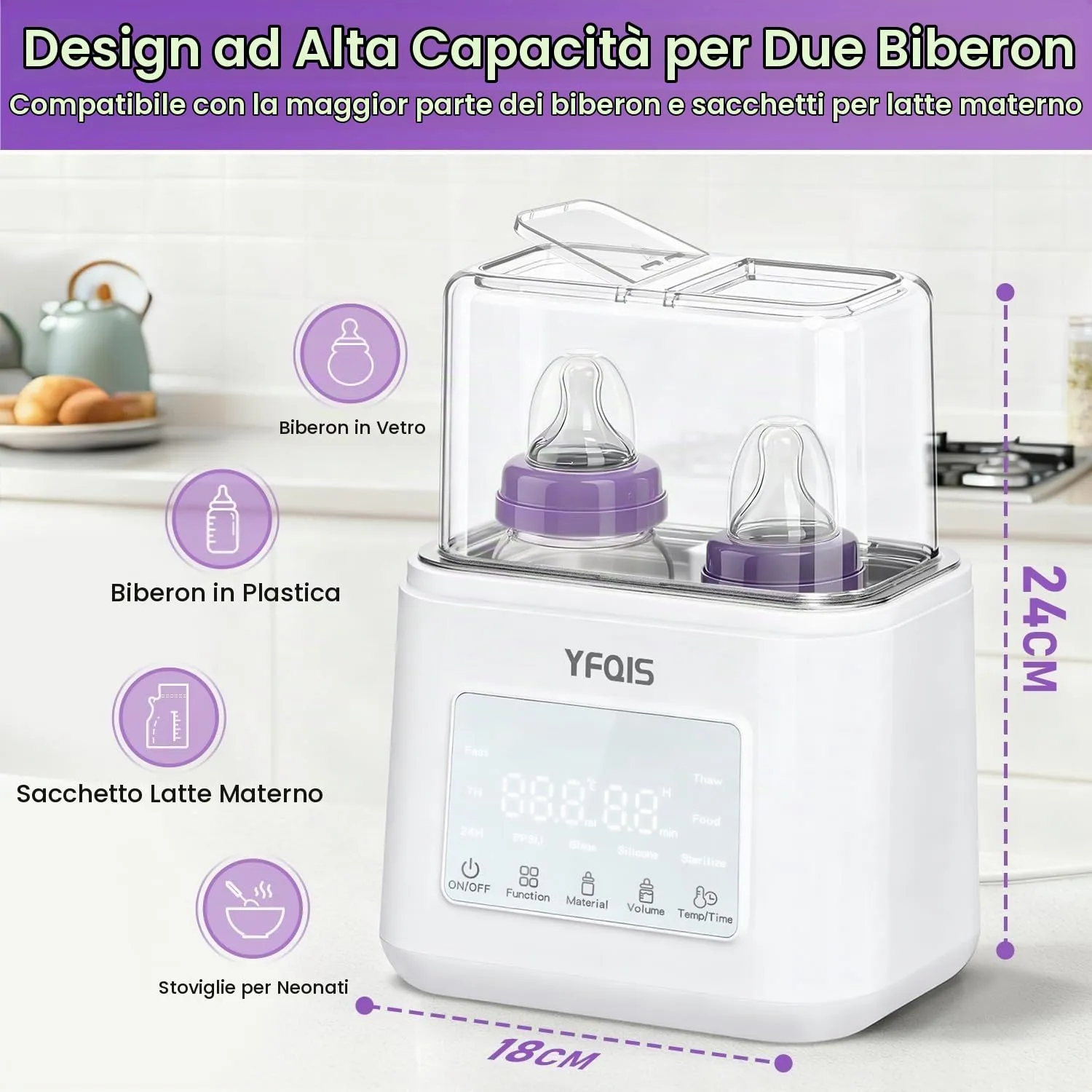 YFQIS Scaldabiberon e Sterilizzatore 10 in 1, Scalda Pappa 230W con Display LCD e Timer, Senza BPA - immagine 2