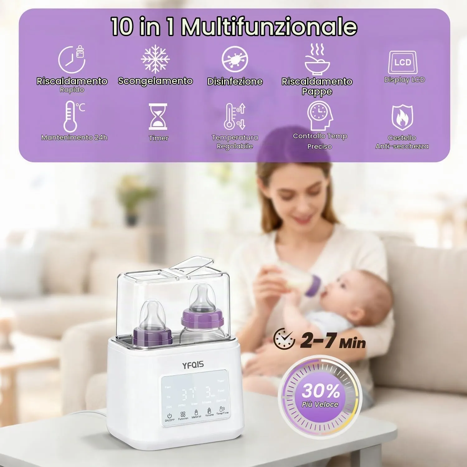 YFQIS Scaldabiberon e Sterilizzatore 10 in 1, Scalda Pappa 230W con Display LCD e Timer, Senza BPA - immagine 3
