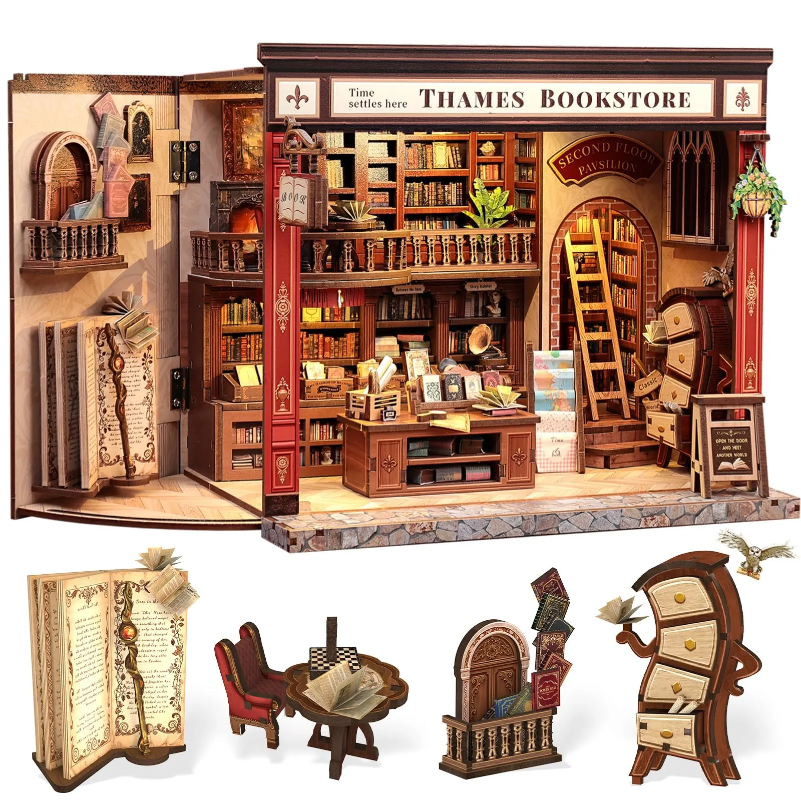 CUTEBEE Book Nook Kit, Thames Bookstore Miniature DIY House with LED Lights, 1:12 Scale - immagine 1