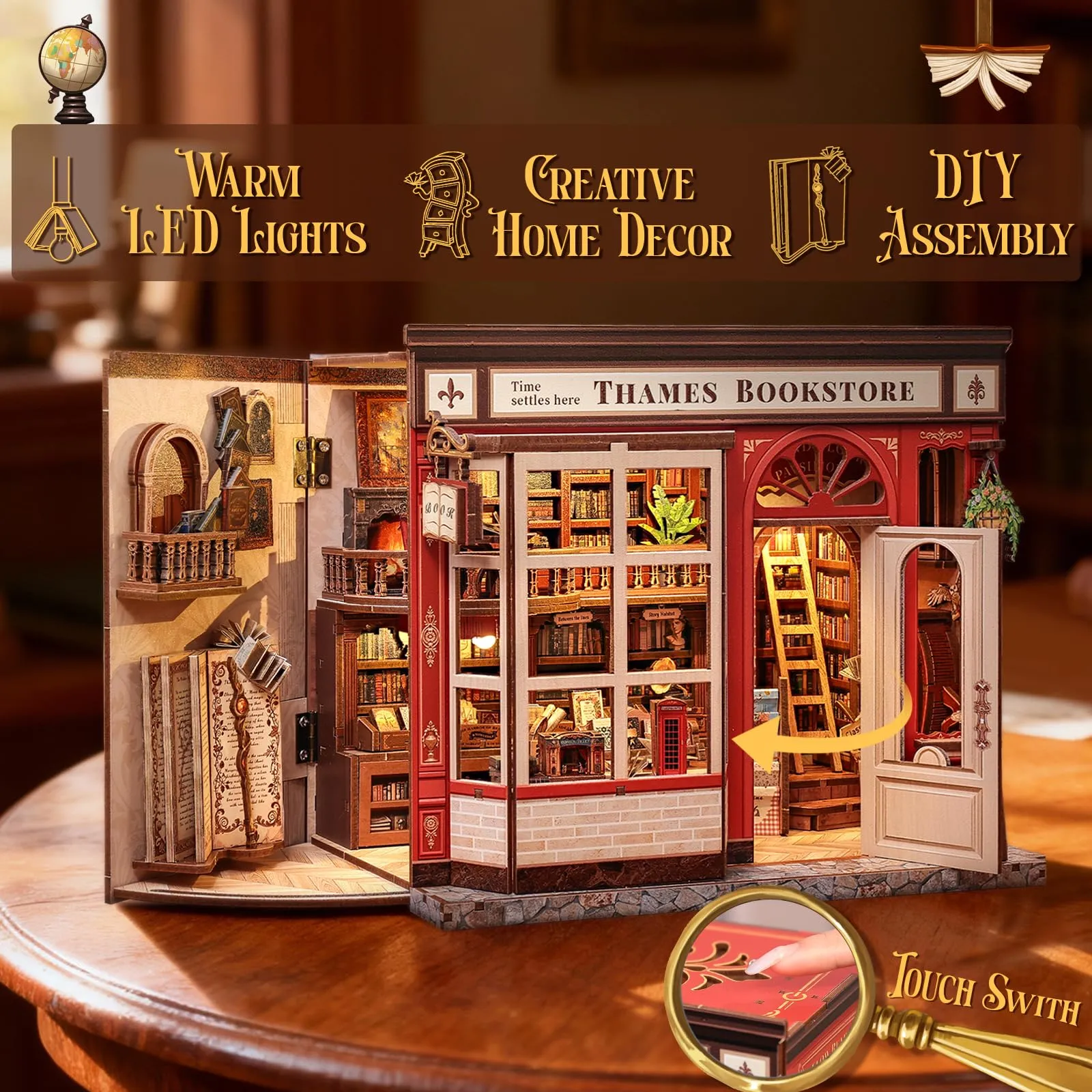 CUTEBEE Book Nook Kit, Thames Bookstore Miniature DIY House with LED Lights, 1:12 Scale - immagine 2