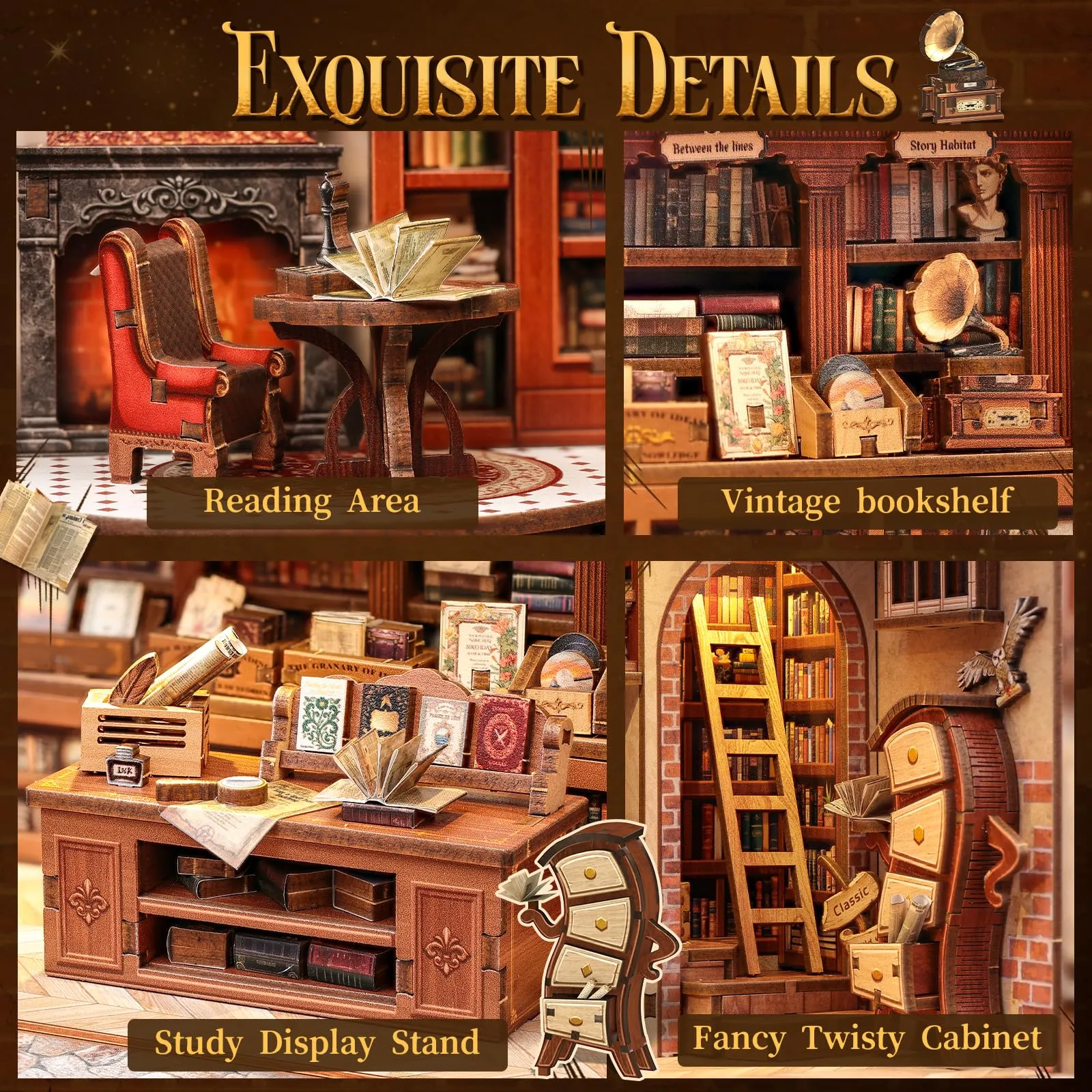 CUTEBEE Book Nook Kit, Thames Bookstore Miniature DIY House with LED Lights, 1:12 Scale - immagine 3