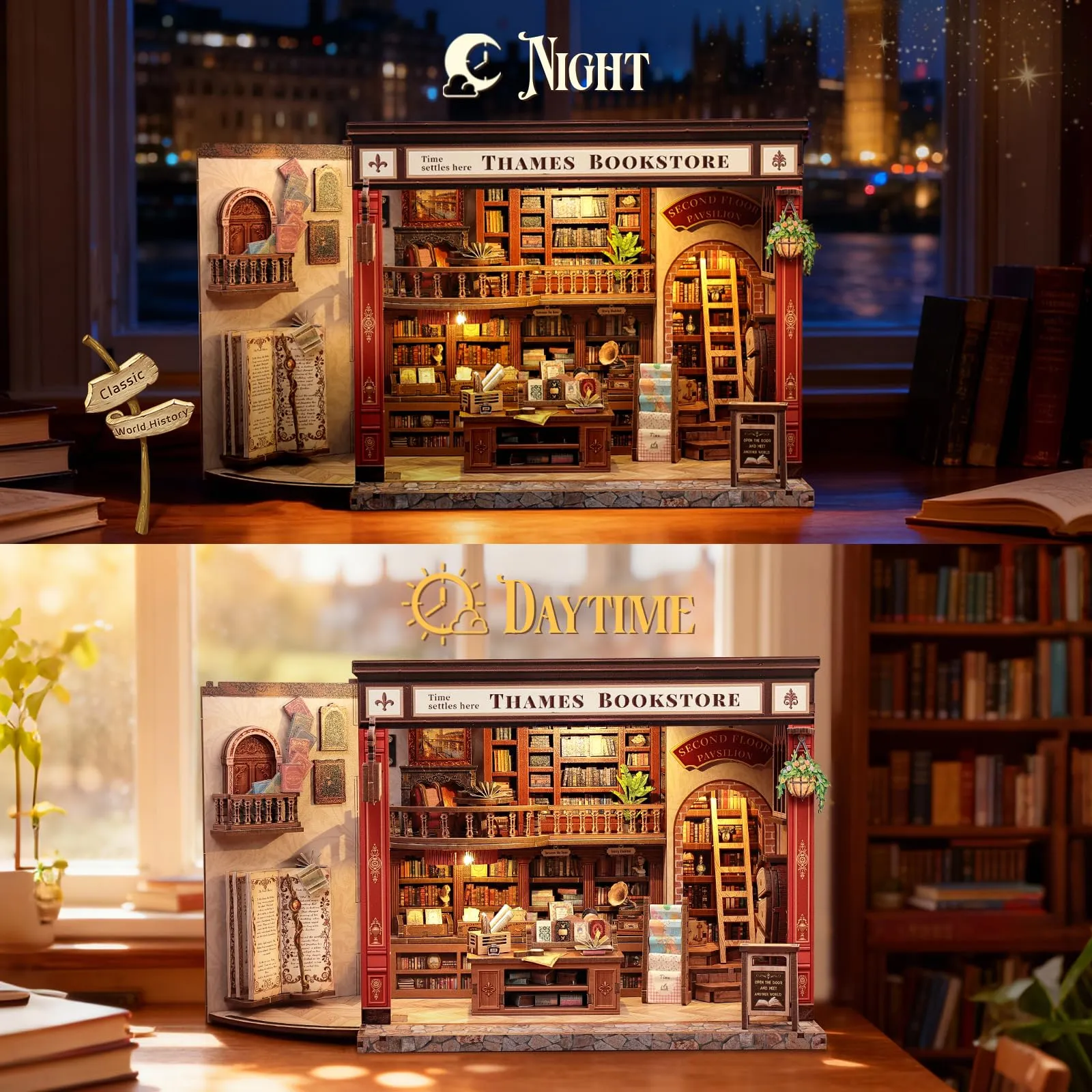 CUTEBEE Book Nook Kit, Thames Bookstore Miniature DIY House with LED Lights, 1:12 Scale - immagine 5