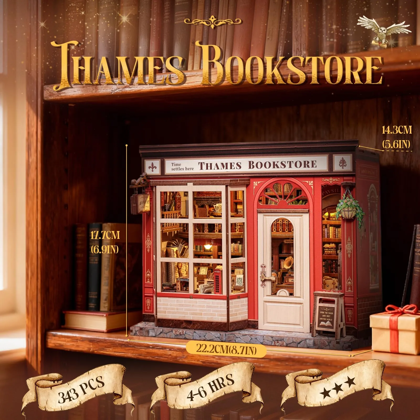 CUTEBEE Book Nook Kit, Thames Bookstore Miniature DIY House with LED Lights, 1:12 Scale - immagine 6