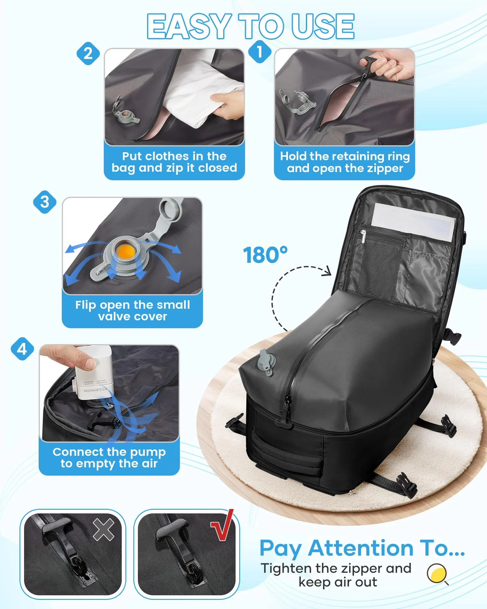 SZLX Zaino da Viaggio Sottovuoto con Pompa, Bagaglio a Mano 40x30x20 per Ryanair, Wizzair, Easyjet, Scomparto Laptop 14 Pollici e Porta Scarpe - immagine 6