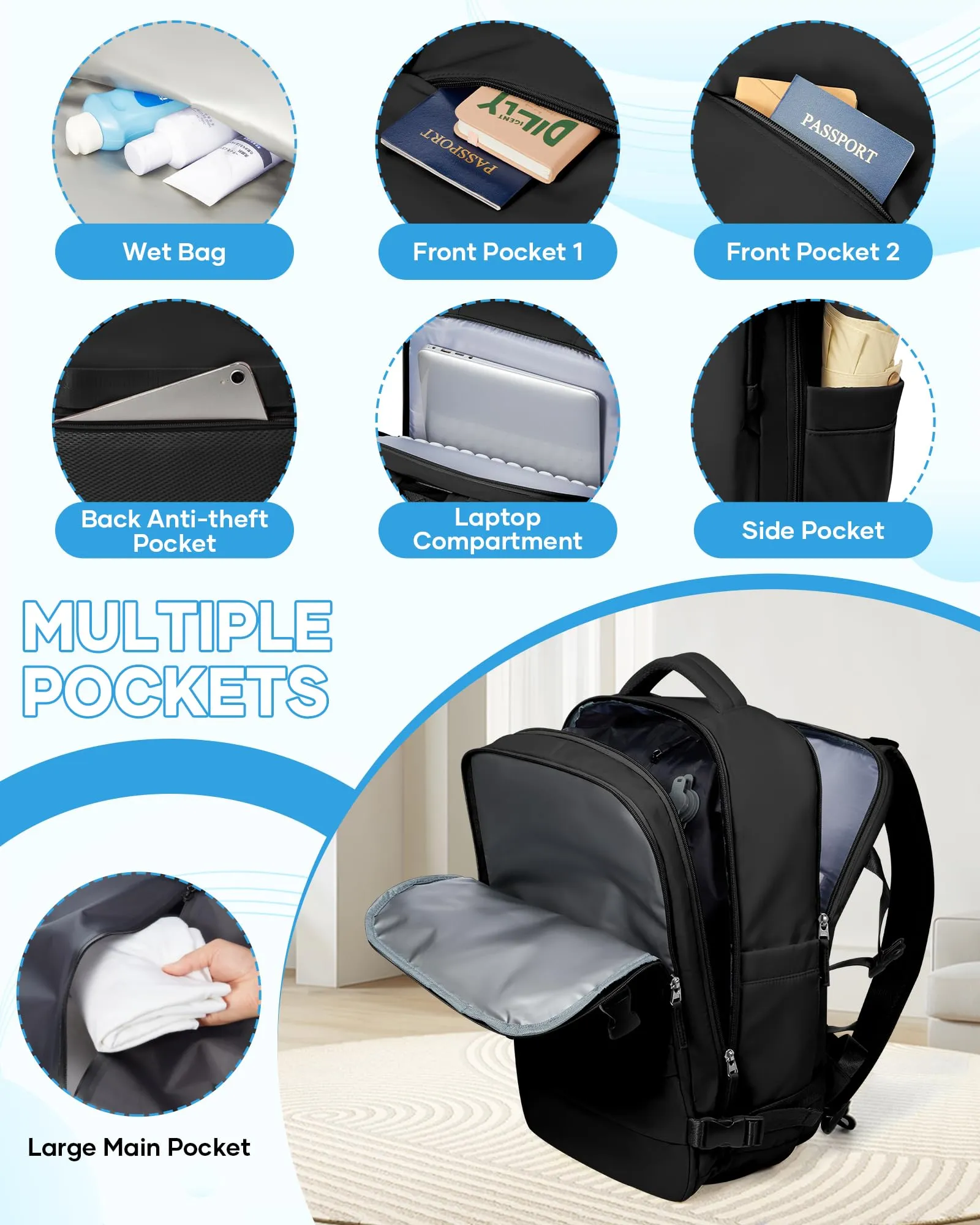 SZLX Zaino da Viaggio Sottovuoto con Pompa, Bagaglio a Mano 40x30x20 per Ryanair, Wizzair, Easyjet, Scomparto Laptop 14 Pollici e Porta Scarpe - immagine 9